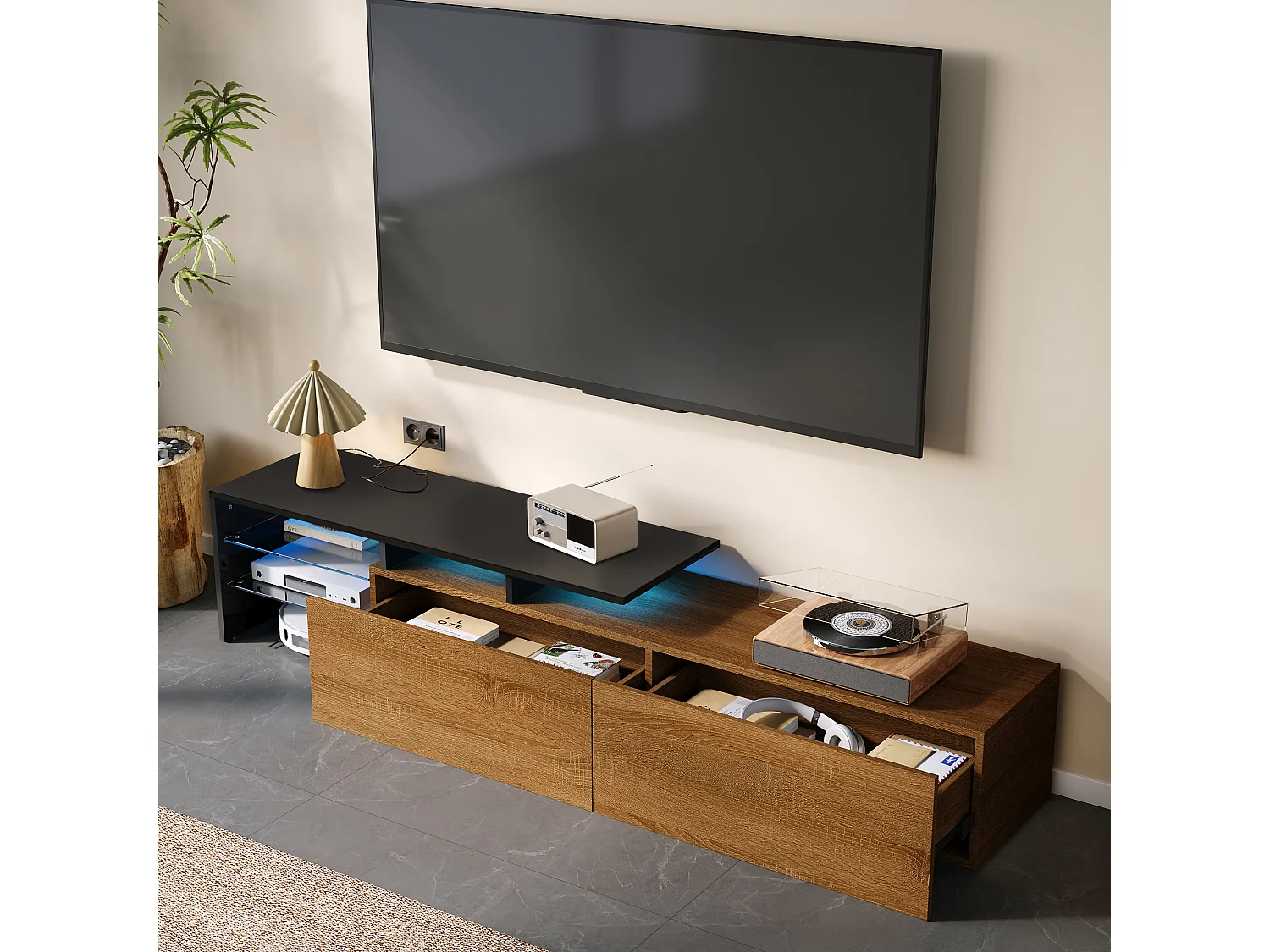 Meuble TV design moderne, élégant avec rangement pratique, noir et bois, plateaux en verre et éclairage LED (170x33x33.5 cm)