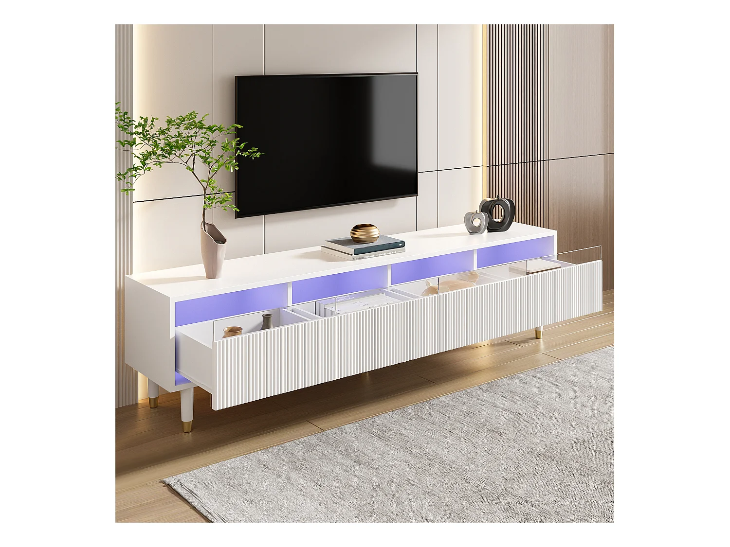 Meuble TV blanc moderne, design minimaliste, MDF et acrylique, 4 tiroirs (178x35x45cm)