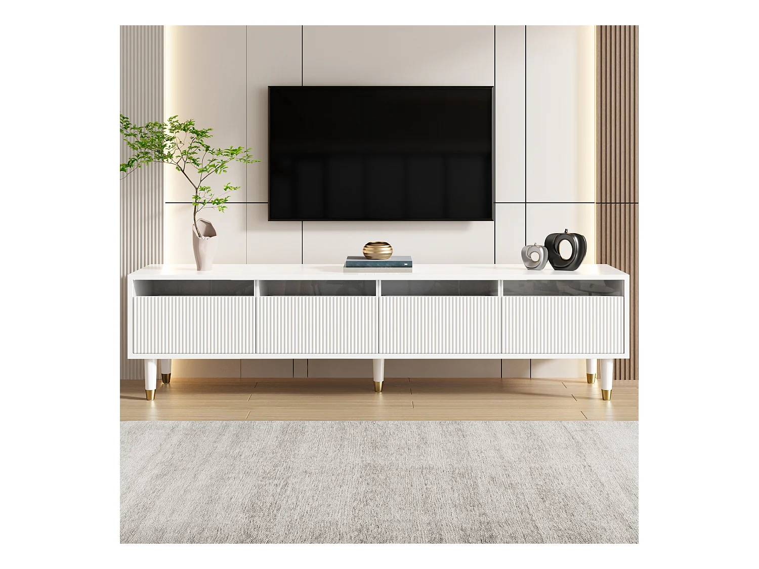 Meuble TV blanc moderne, design minimaliste, MDF et acrylique, 4 tiroirs (178x35x45cm)