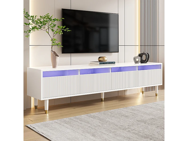 Mueble de TV moderno blanco, diseño minimalista, MDF y acrílico, 4 cajones (178x35x45cm)