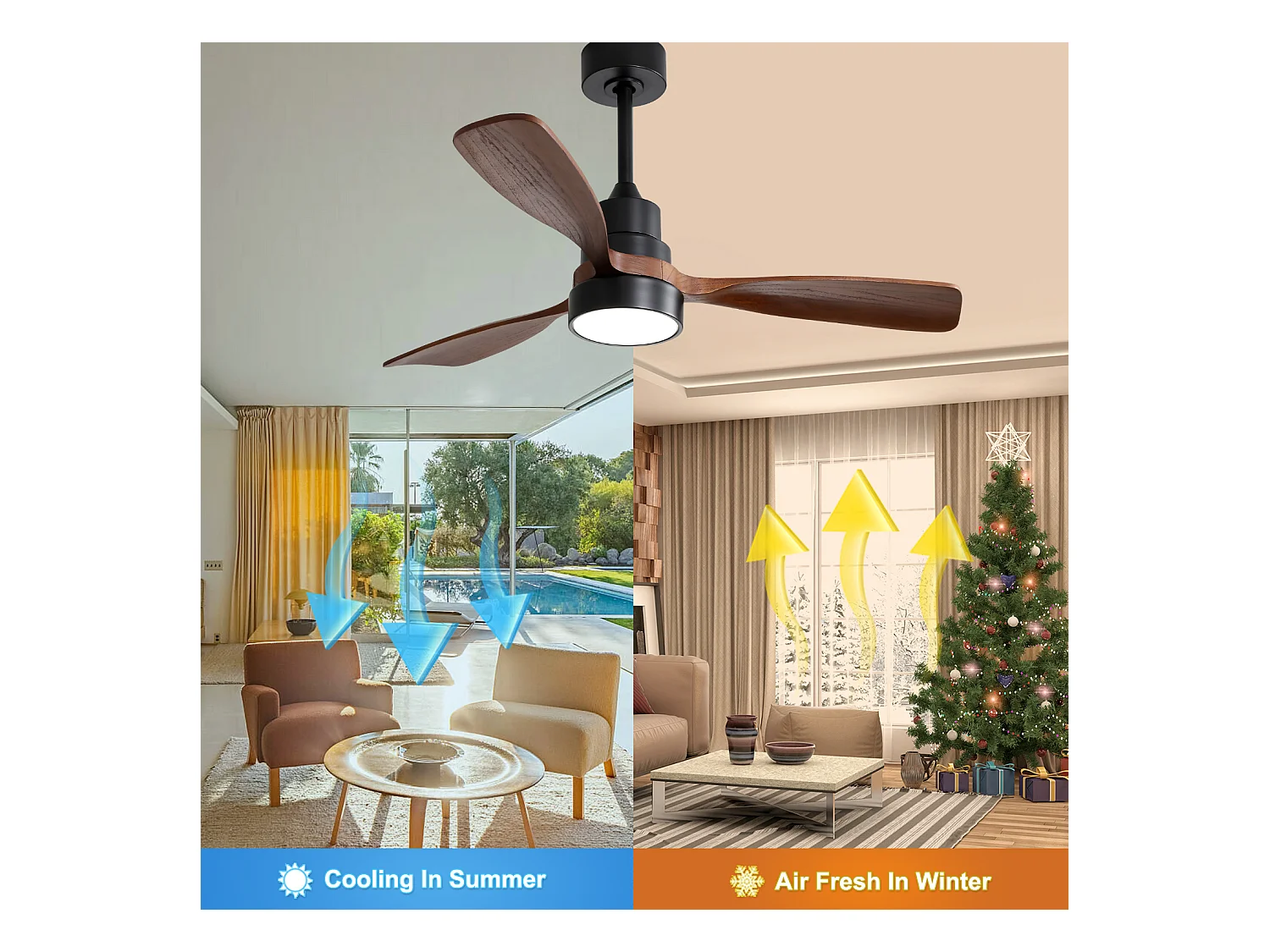 Plafondventilator van 48 inch met 3 massief houten bladen, afstandsbediening, omkeerbare DC-motor en energiebesparend, zwart (122x122x39cm)