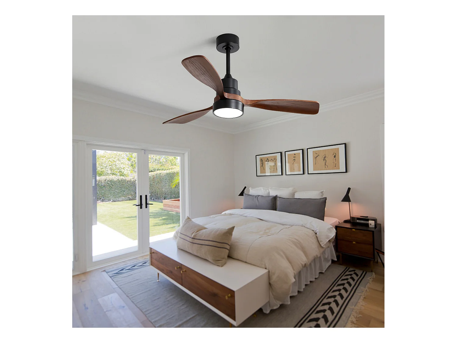 Plafondventilator van 48 inch met 3 massief houten bladen, afstandsbediening, omkeerbare DC-motor en energiebesparend, zwart (122x122x39cm)