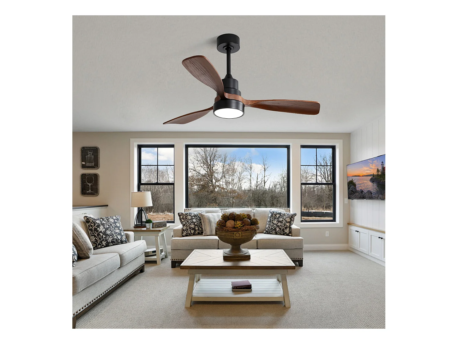 Plafondventilator van 48 inch met 3 massief houten bladen, afstandsbediening, omkeerbare DC-motor en energiebesparend, zwart (122x122x39cm)