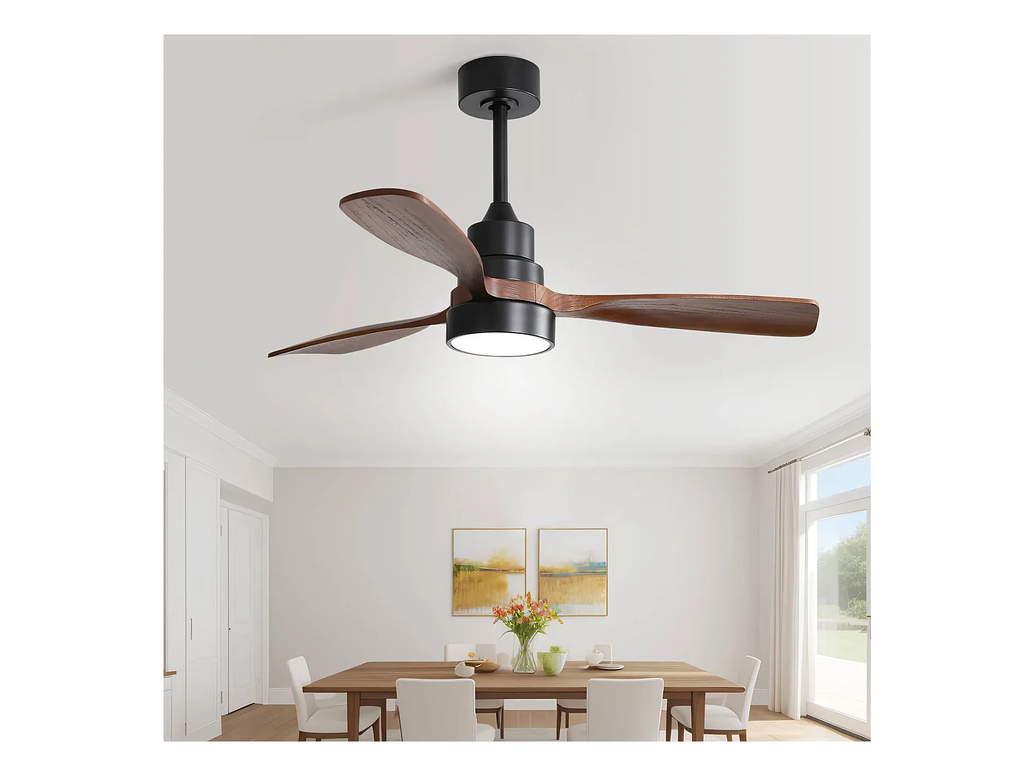 Plafondventilator van 48 inch met 3 massief houten bladen, afstandsbediening, omkeerbare DC-motor en energiebesparend, zwart (122x122x39cm)