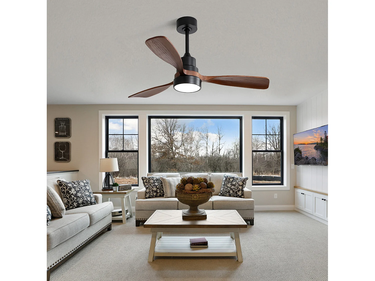 Ventilador de techo de 48 pulgadas con 3 aspas de madera maciza, control remoto, motor CC reversible y ahorro de energía, negro (122 x 122 x 39 cm)