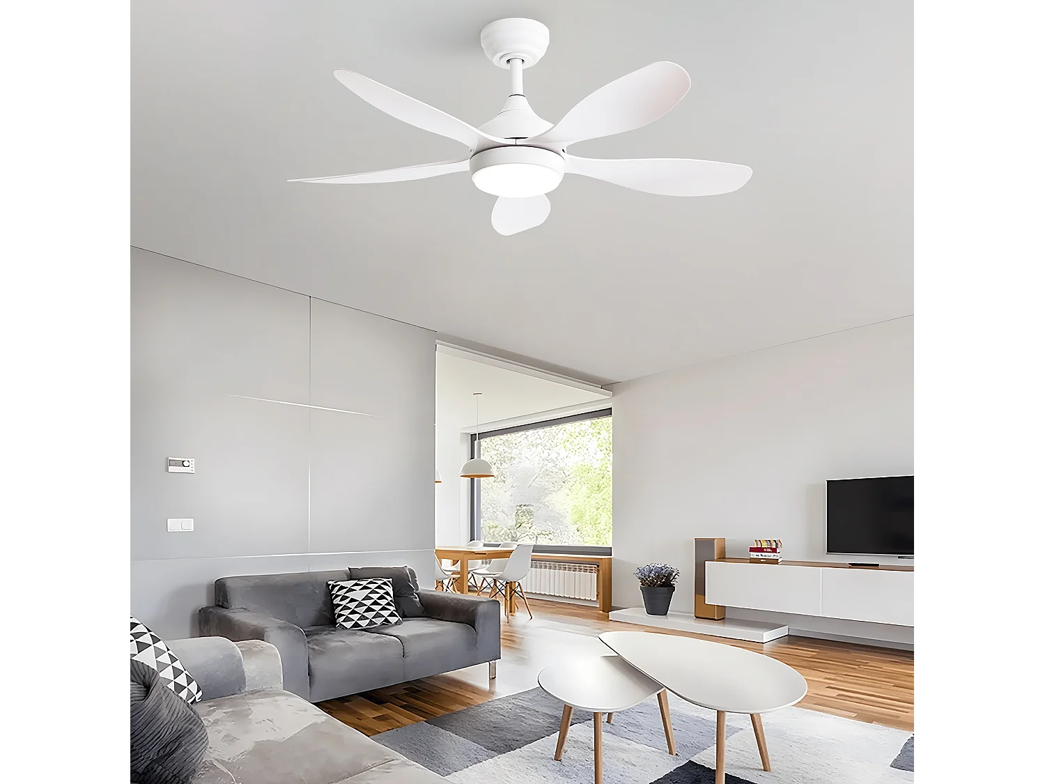 Ventilateur de plafond avec lumière, télécommande, 6 vitesses, moteur DC réversible, ABS, blanc (106.6x106.6x47.5 cm)