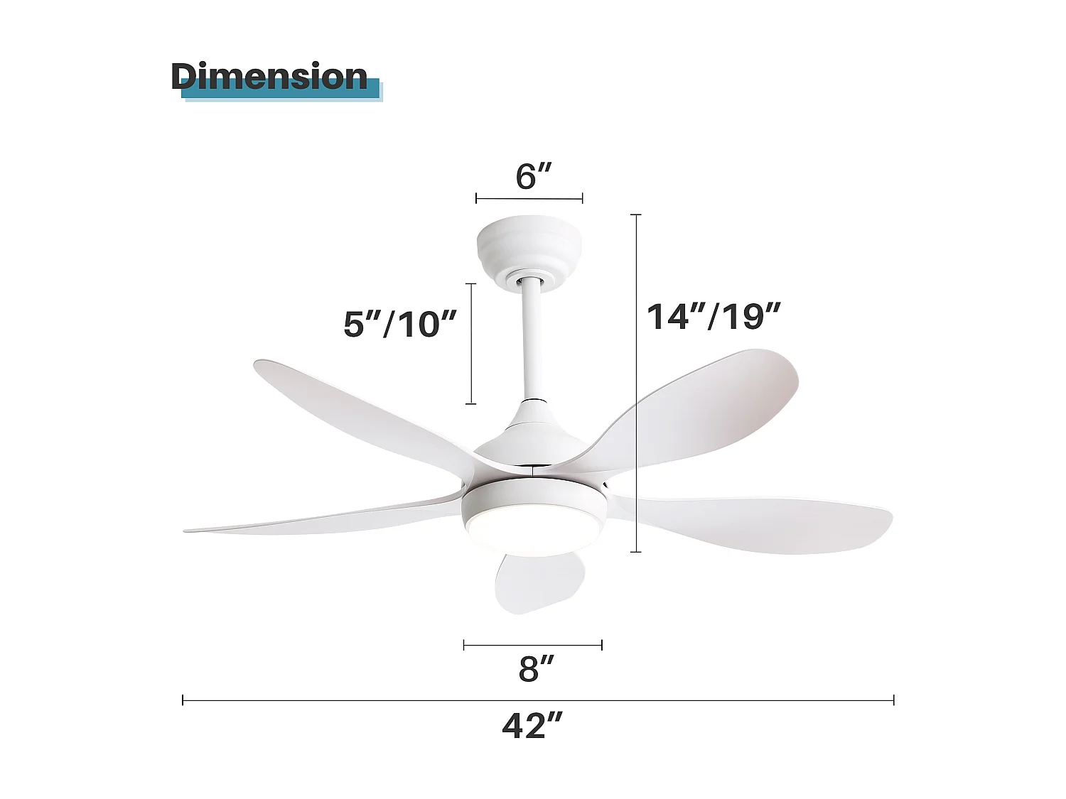 Ventilateur de plafond avec lumière, télécommande, 6 vitesses, moteur DC réversible, ABS, blanc (106.6x106.6x47.5 cm)