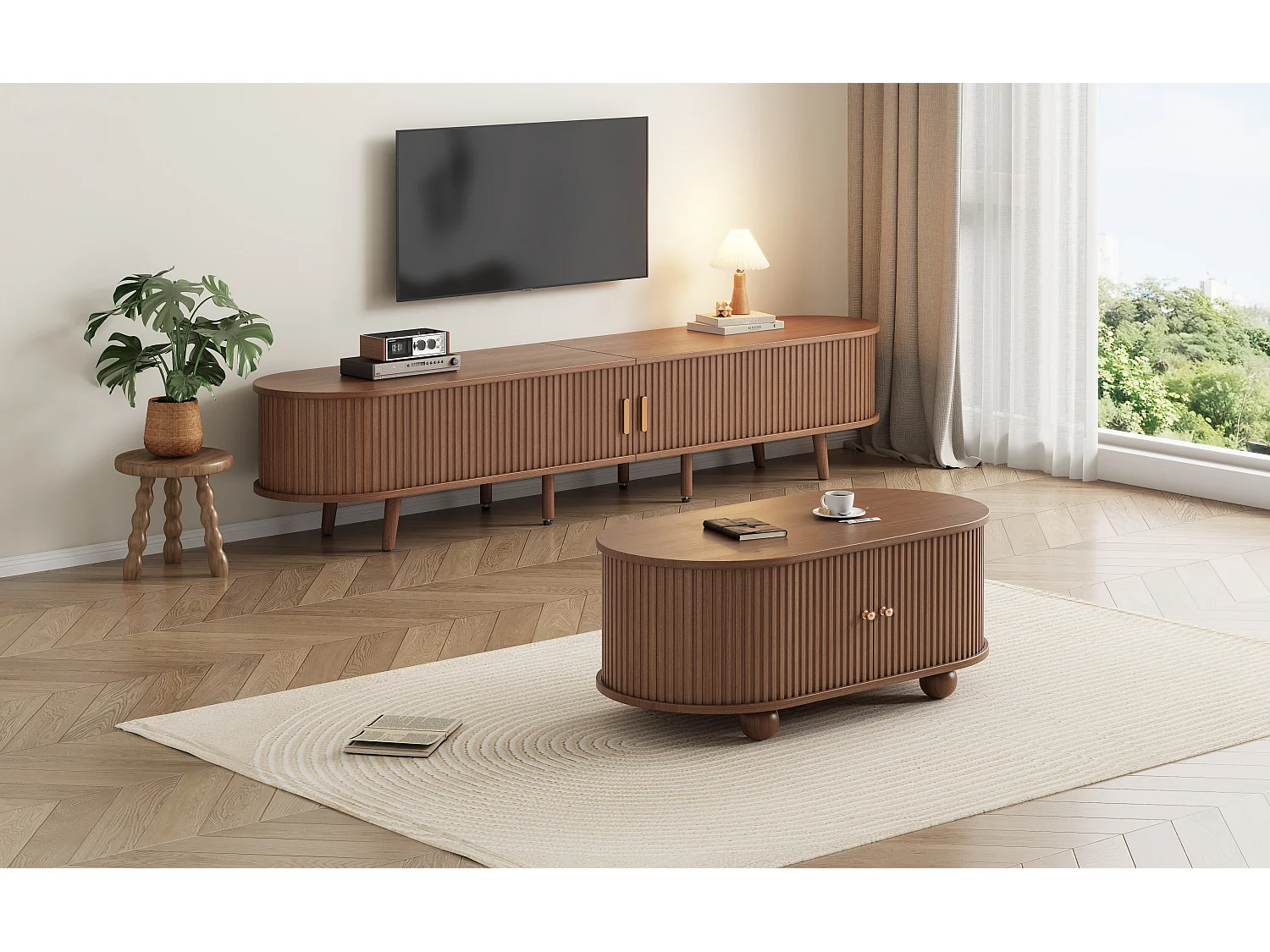 Meuble TV avec rangement + table basse combinée, design moderne minimaliste, MDF, noyer (175x40x42 cm + 100x50x40 cm)