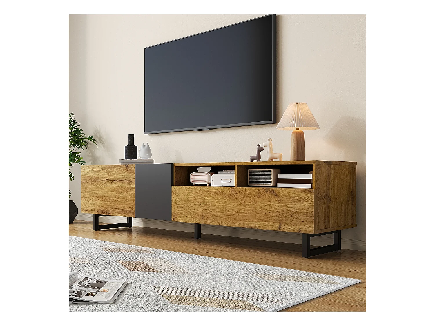 Meuble TV colorblock, design contrasté, panneau de particules, gris foncé antique et naturel, avec 3 portes et 2 niches (170x36.5x42cm)