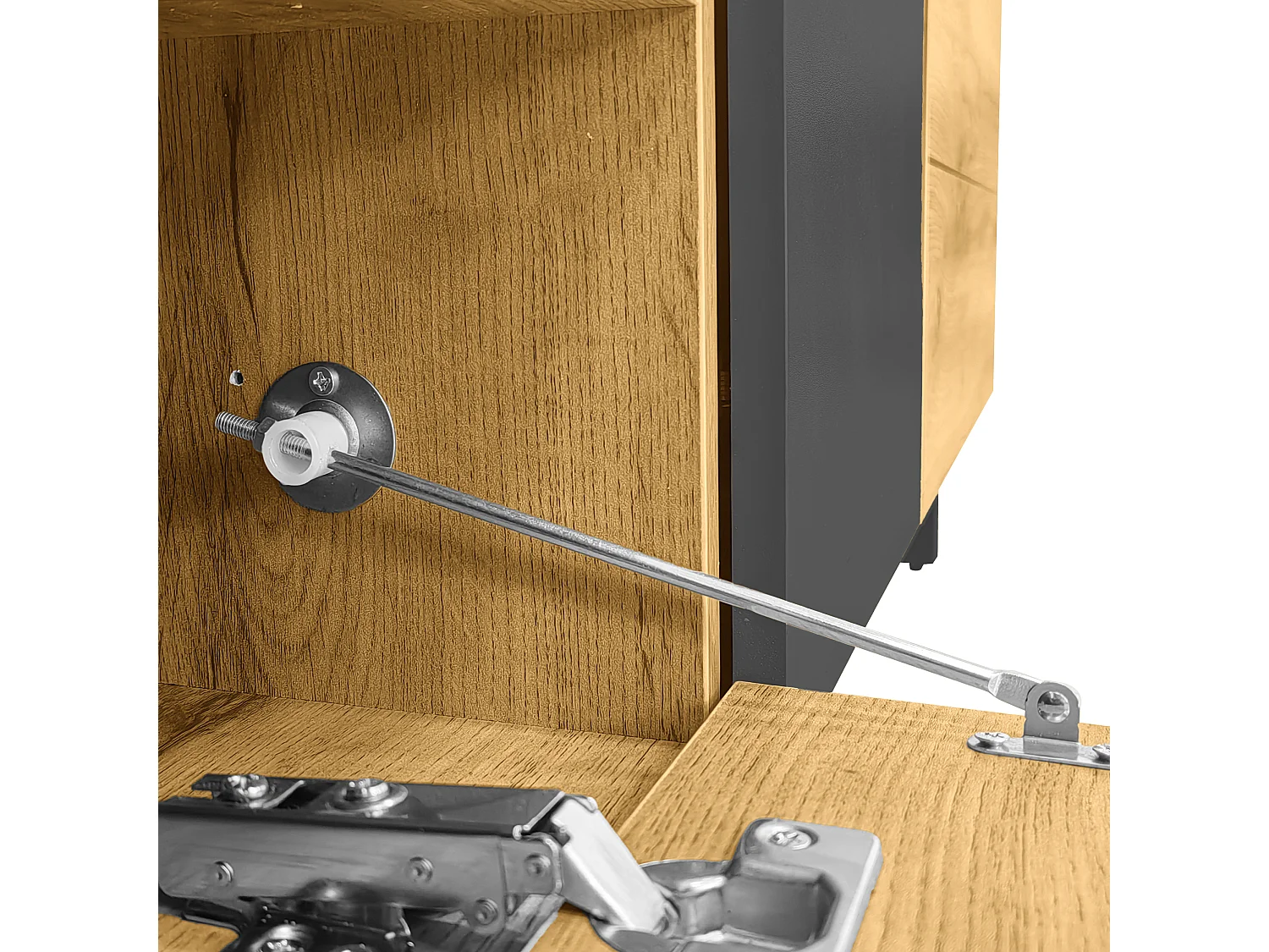 Meuble TV colorblock, design contrasté, panneau de particules, gris foncé antique et naturel, avec 3 portes et 2 niches (170x36.5x42cm)