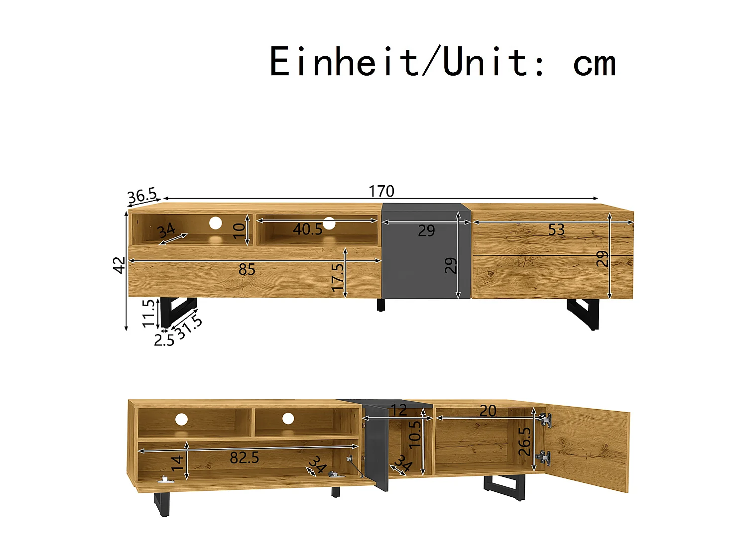 Meuble TV colorblock, design contrasté, panneau de particules, gris foncé antique et naturel, avec 3 portes et 2 niches (170x36.5x42cm)