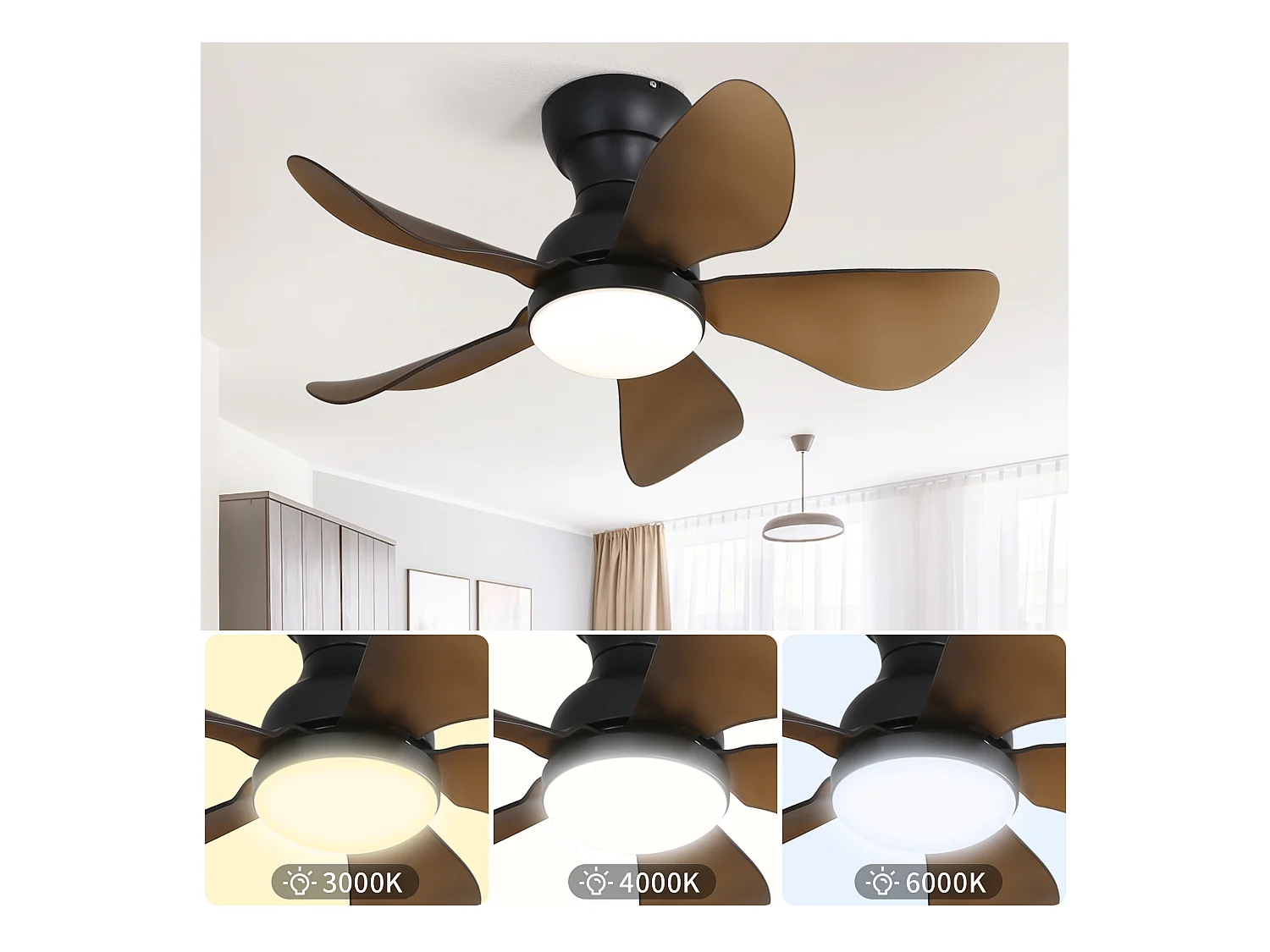 29 inch platte plafondventilator, 5 ABS-bladen, 18W dimbare LED, omkeerbare DC-motor, 1/4/8 uur timer, zwart (73,66 x 73,66 x 29,97 cm)