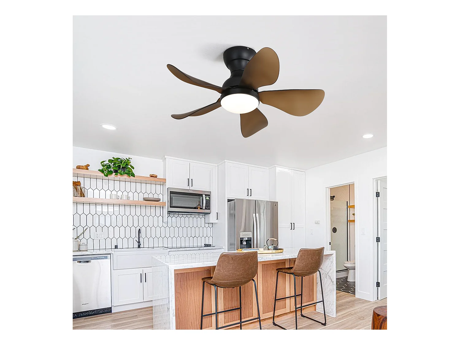 29 inch platte plafondventilator, 5 ABS-bladen, 18W dimbare LED, omkeerbare DC-motor, 1/4/8 uur timer, zwart (73,66 x 73,66 x 29,97 cm)