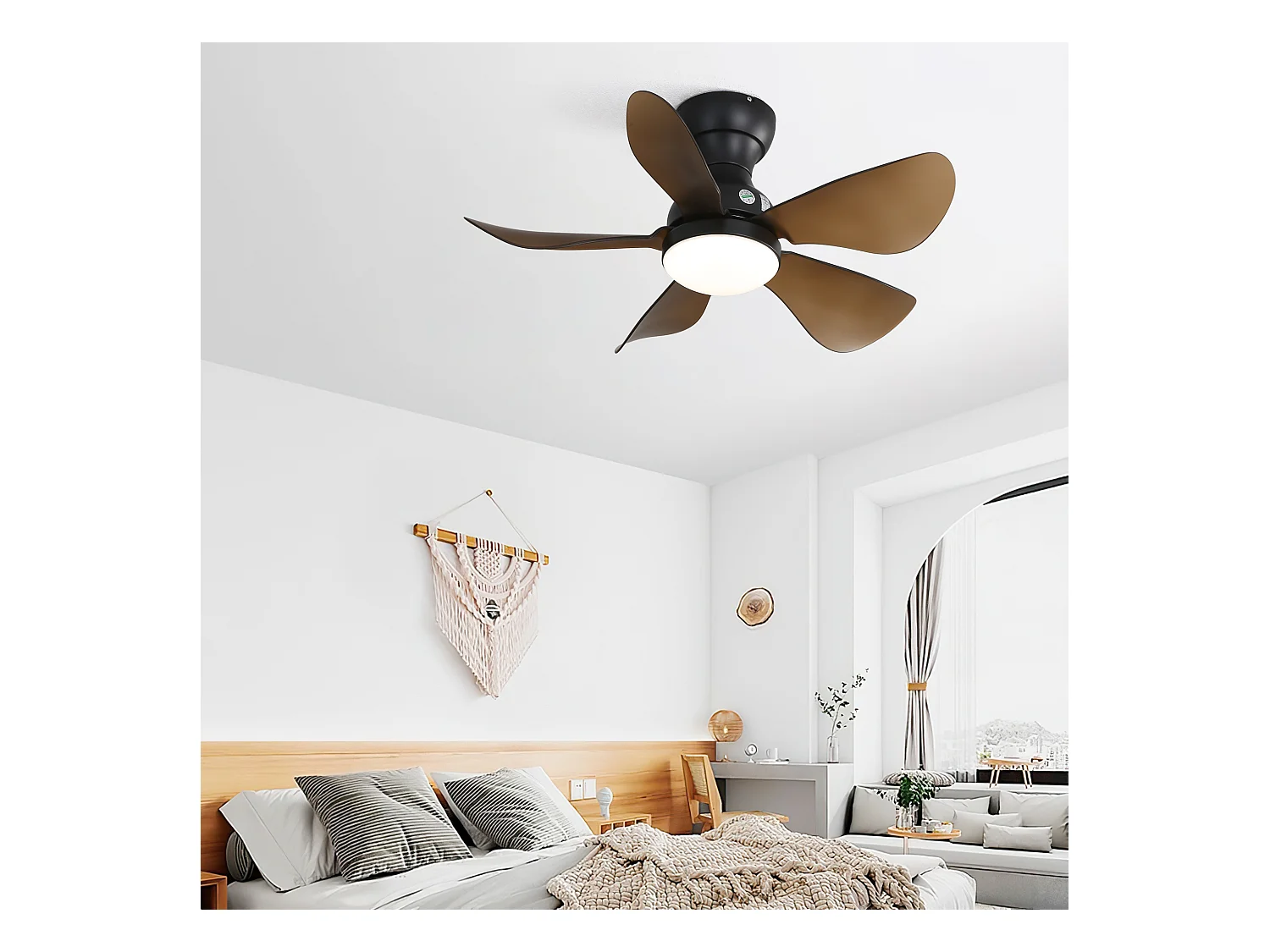 29 inch platte plafondventilator, 5 ABS-bladen, 18W dimbare LED, omkeerbare DC-motor, 1/4/8 uur timer, zwart (73,66 x 73,66 x 29,97 cm)