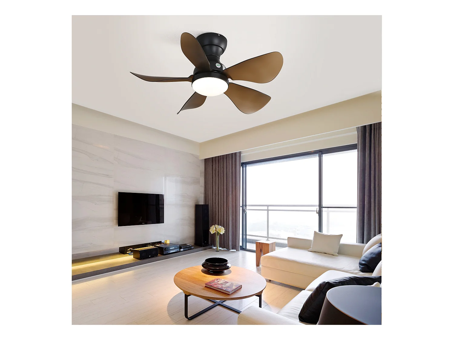 Ventilateur de plafond plat 29 pouces, 5 pales ABS, LED dimmable 18W, moteur DC réversible, minuterie 1/4/8h, noir (73.66x73.66x29.97cm)