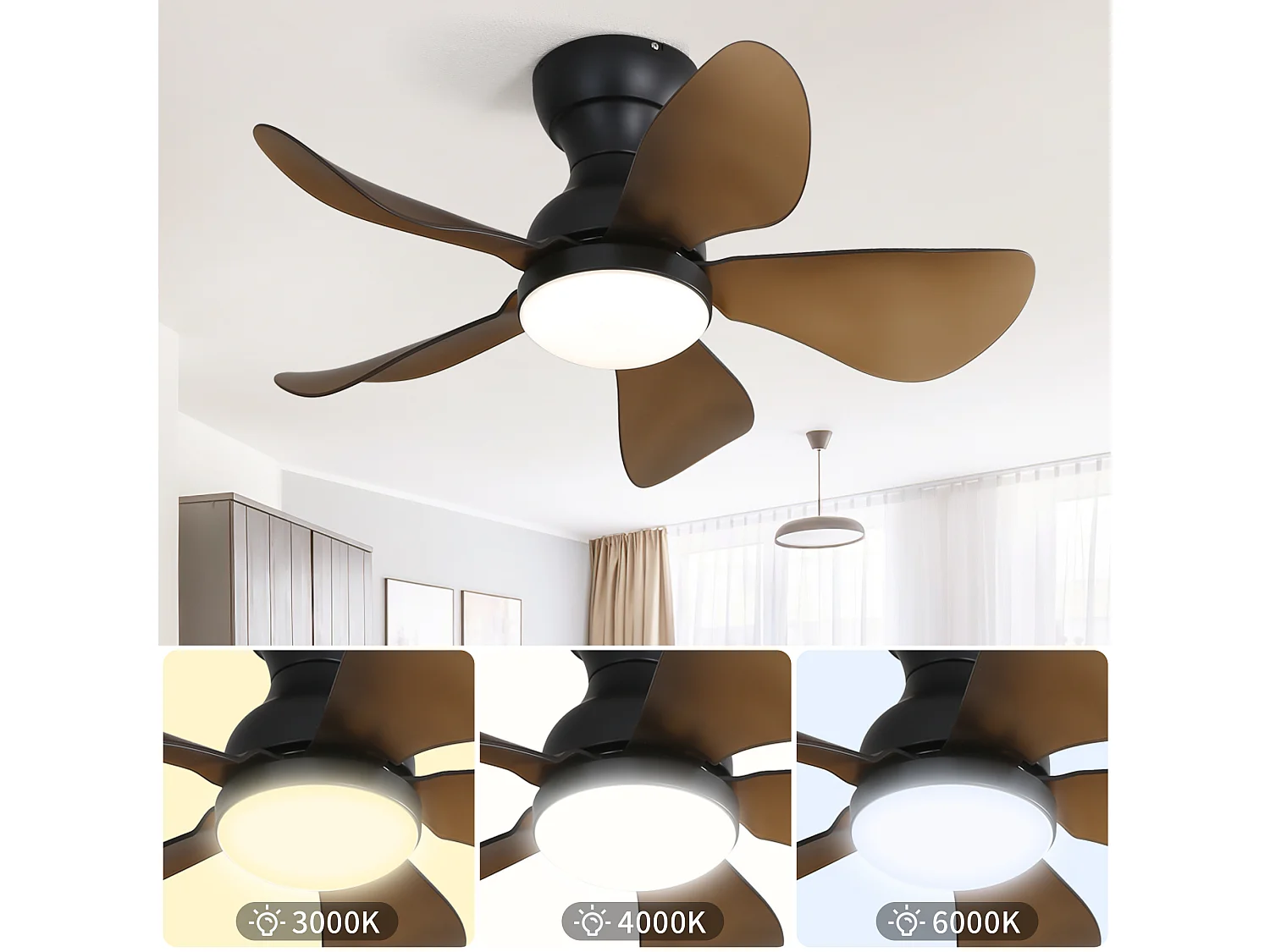 Ventilateur de plafond plat 29 pouces, 5 pales ABS, LED dimmable 18W, moteur DC réversible, minuterie 1/4/8h, noir (73.66x73.66x29.97cm)