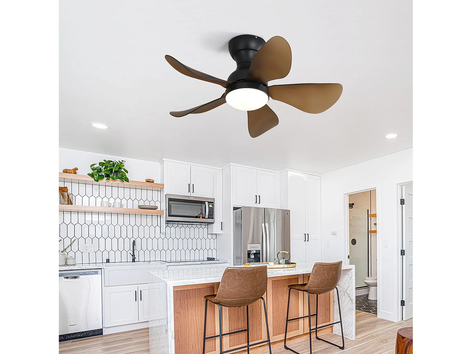 Ventilateur de plafond plat 29 pouces, 5 pales ABS, LED dimmable 18W, moteur DC réversible, minuterie 1/4/8h, noir (73.66x73.66x29.97cm)