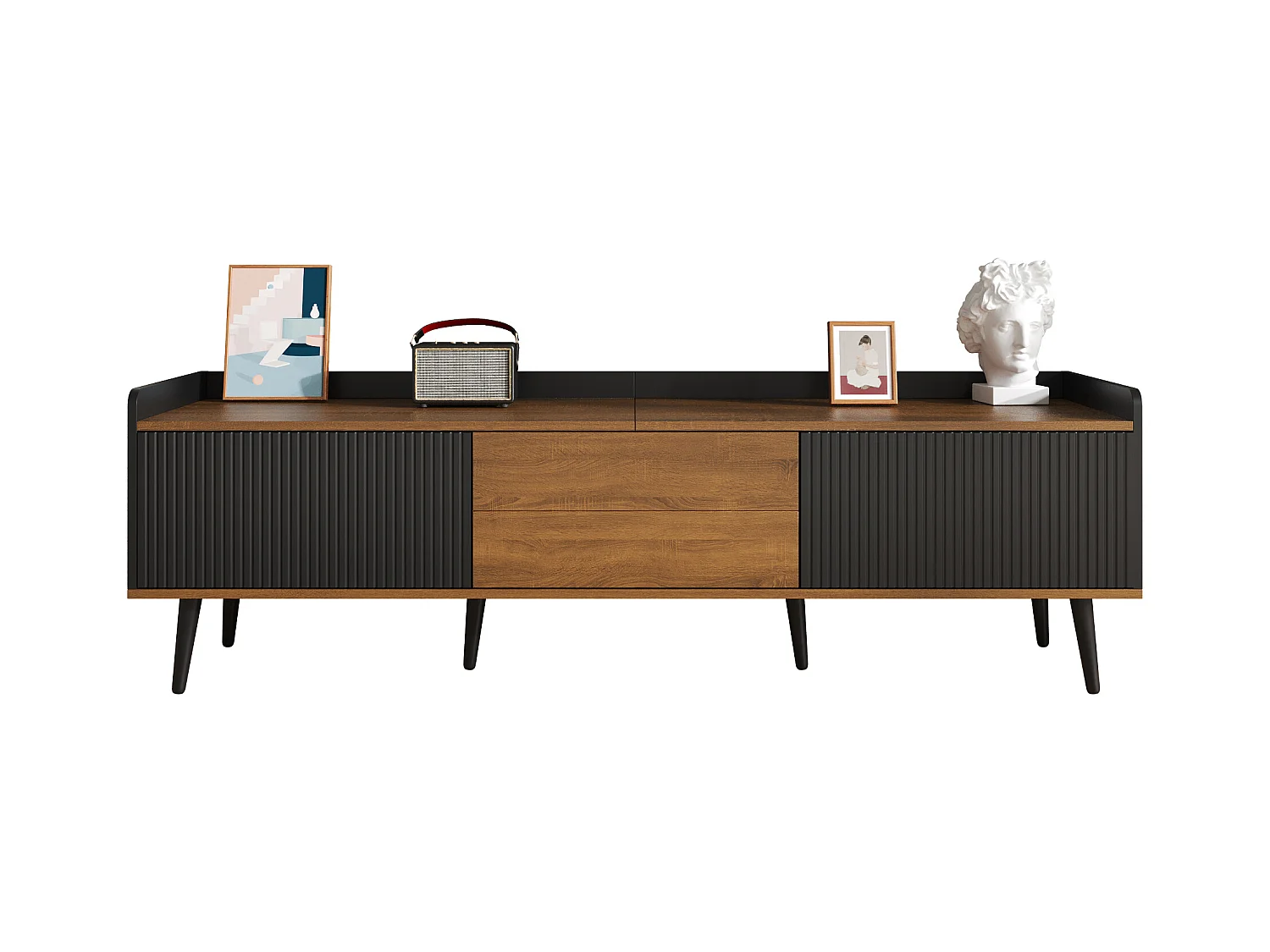 Meuble TV 3 portes, design compact, MDF et panneau de particules, noir et finition bois naturel (160x39x49.5cm)