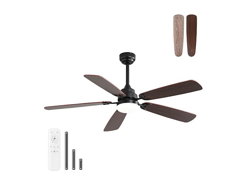 Ventilatore da soffitto classico da 52 pollici con illuminazione LED dimmerabile, 5 pale, 6 velocità e telecomando, motore CC, MDF, nero (132x132x49 cm)