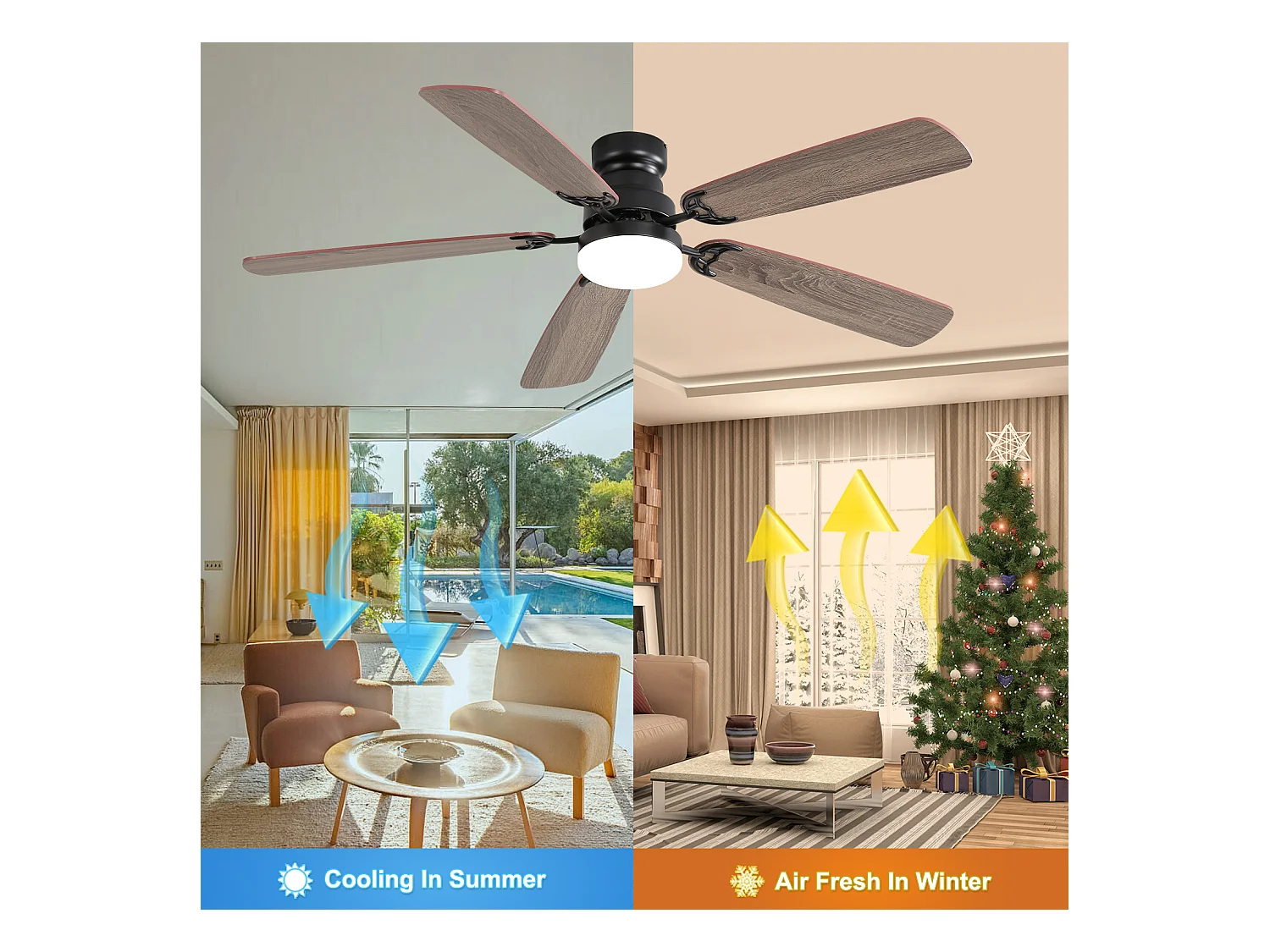Ventilateur de plafond classique 52 pouces avec éclairage LED dimmable, 5 pales, 6 vitesses et télécommande, moteur DC, MDF, noir (132x132x49 cm)