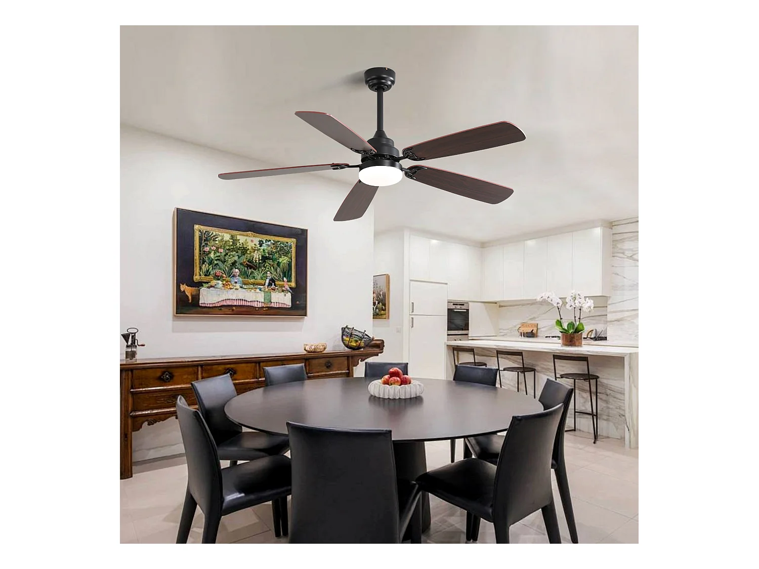 Ventilateur de plafond classique 52 pouces avec éclairage LED dimmable, 5 pales, 6 vitesses et télécommande, moteur DC, MDF, noir (132x132x49 cm)