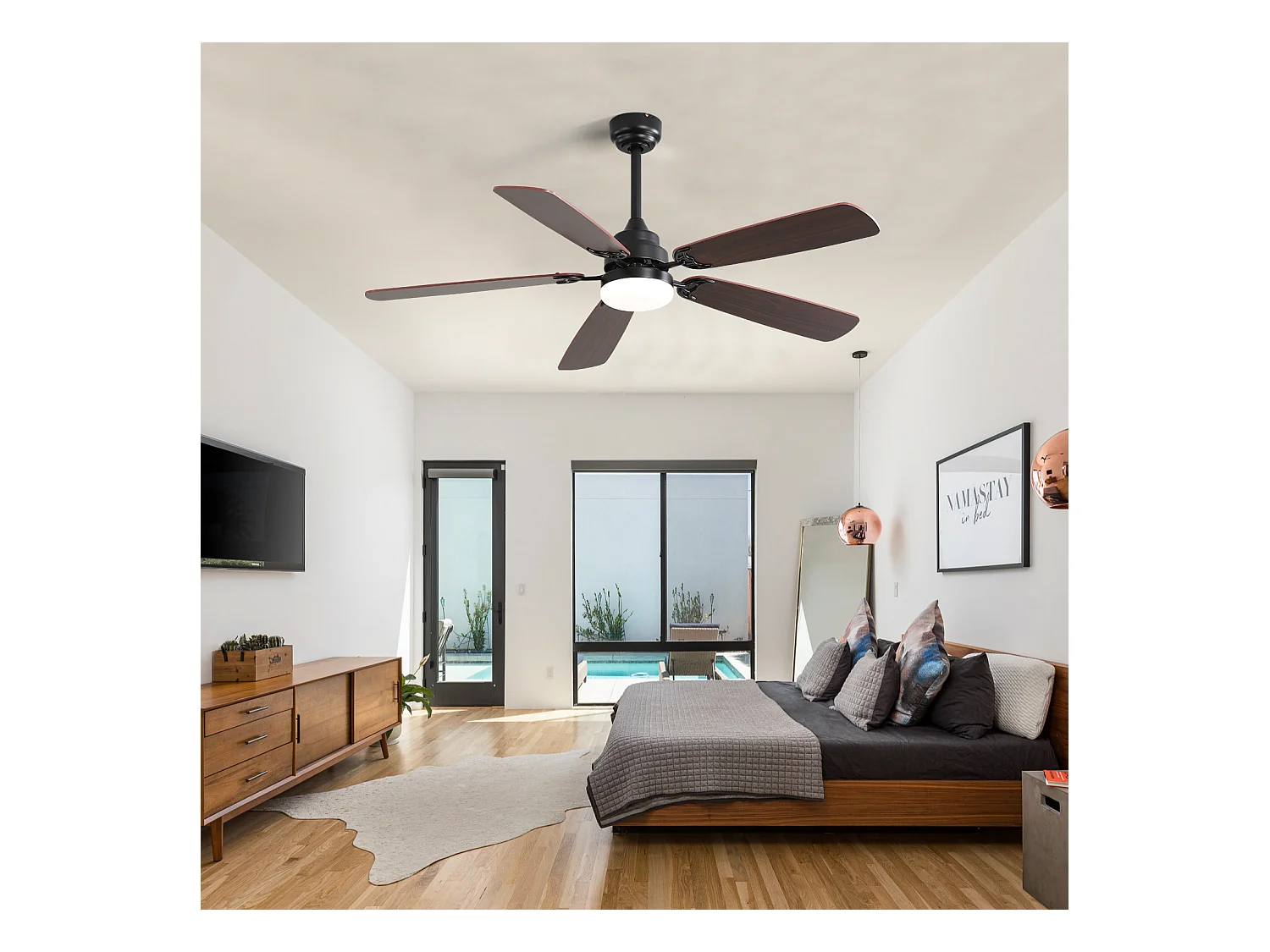 Ventilateur de plafond classique 52 pouces avec éclairage LED dimmable, 5 pales, 6 vitesses et télécommande, moteur DC, MDF, noir (132x132x49 cm)