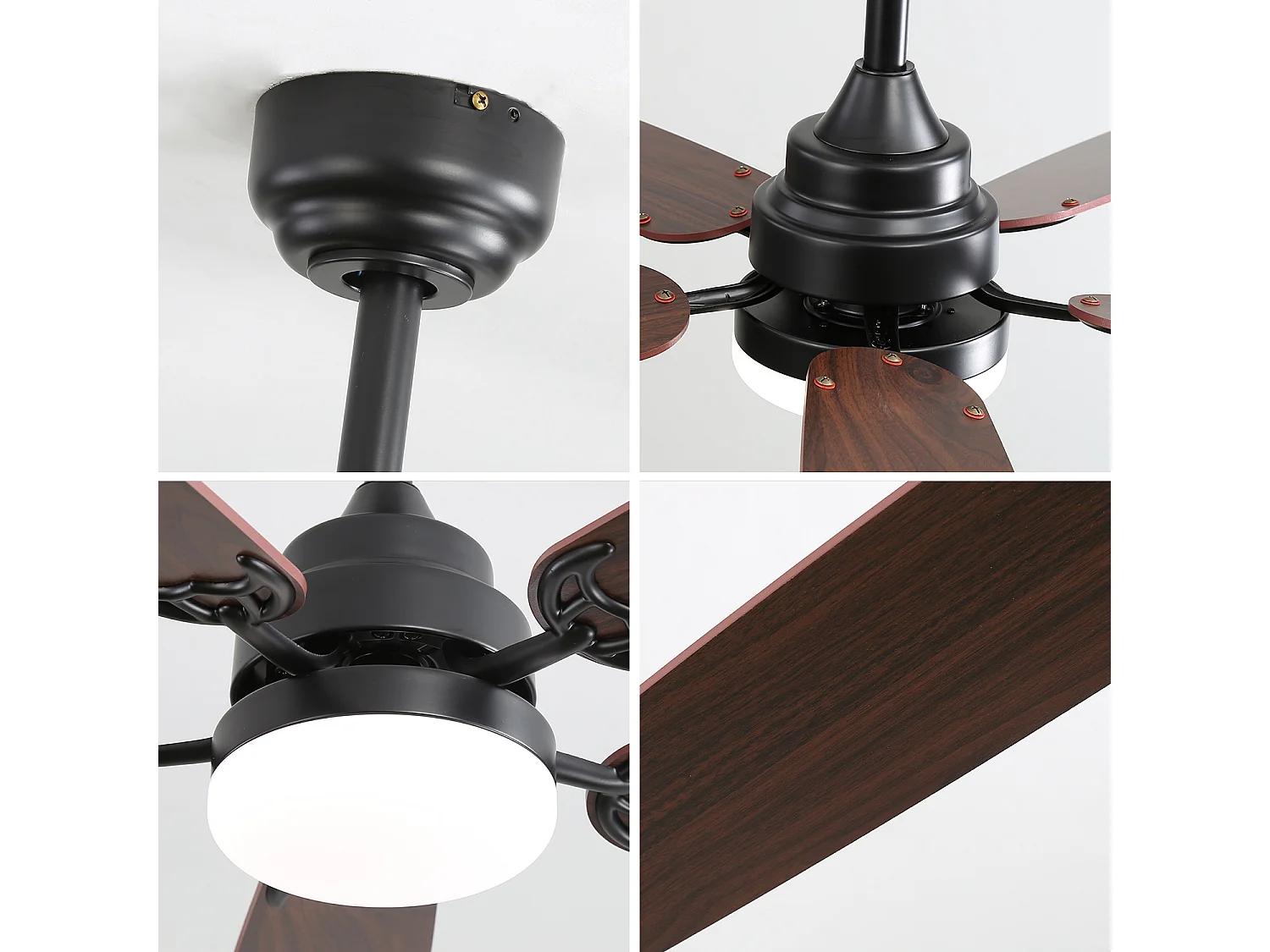 Ventilateur de plafond classique 52 pouces avec éclairage LED dimmable, 5 pales, 6 vitesses et télécommande, moteur DC, MDF, noir (132x132x49 cm)