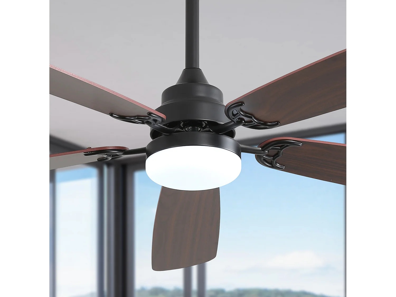 Ventilateur de plafond classique 52 pouces avec éclairage LED dimmable, 5 pales, 6 vitesses et télécommande, moteur DC, MDF, noir (132x132x49 cm)