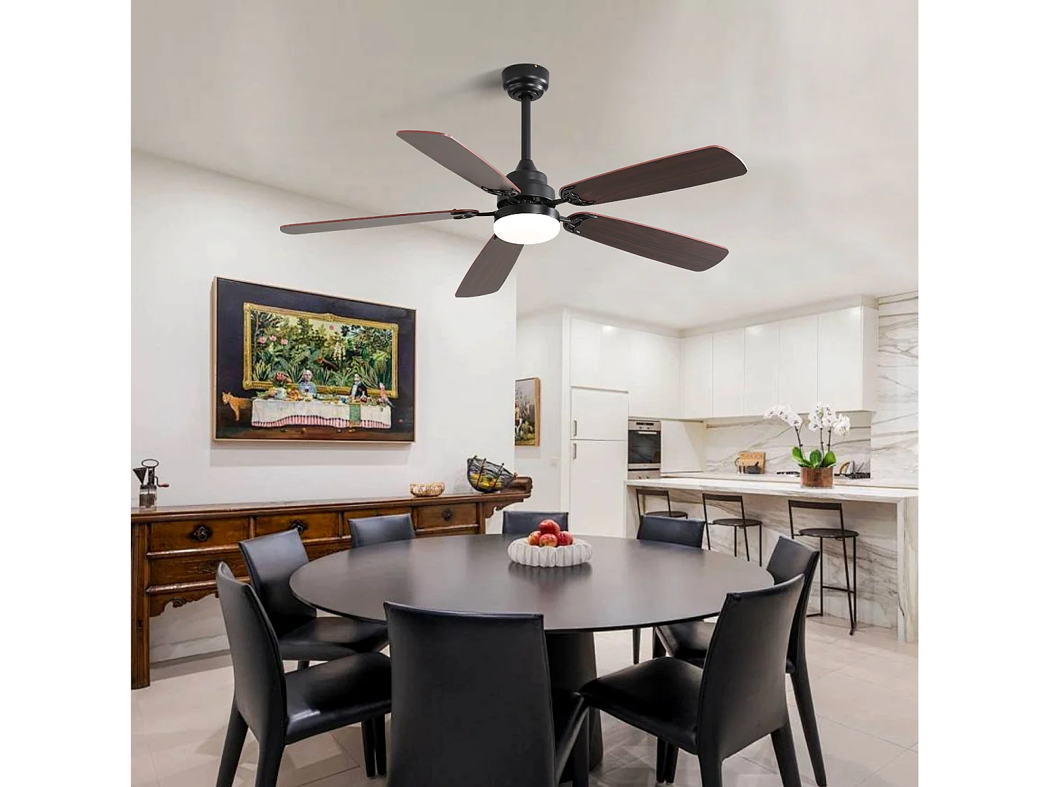 Ventilateur de plafond classique 52 pouces avec éclairage LED dimmable, 5 pales, 6 vitesses et télécommande, moteur DC, MDF, noir (132x132x49 cm)