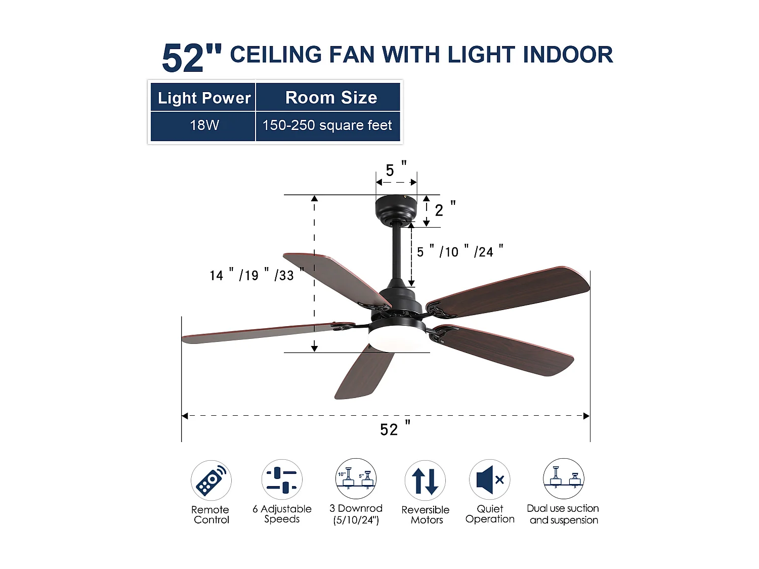 Ventilateur de plafond classique 52 pouces avec éclairage LED dimmable, 5 pales, 6 vitesses et télécommande, moteur DC, MDF, noir (132x132x49 cm)