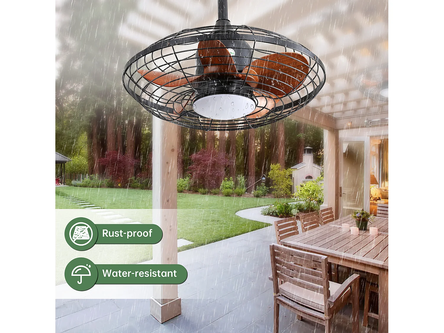 Ventilateur de plafond extérieur avec LED, 20 pouces, moteur DC, 5 pales ABS, noir, montage suspendu (50.8x50.8x47.5cm)