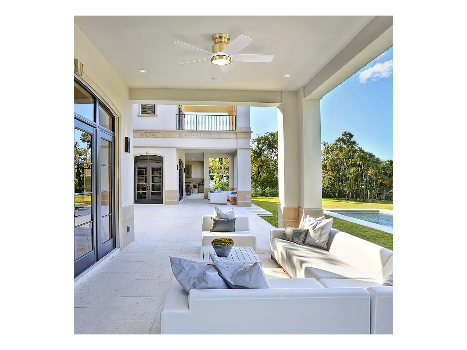 42 inch omkeerbare plafondventilator, DC-motor, 5 ABS-bladen, wit en goud, afstandsbediening, 6 snelheden, timer (106,68 x 106,68 x 23,11 cm)