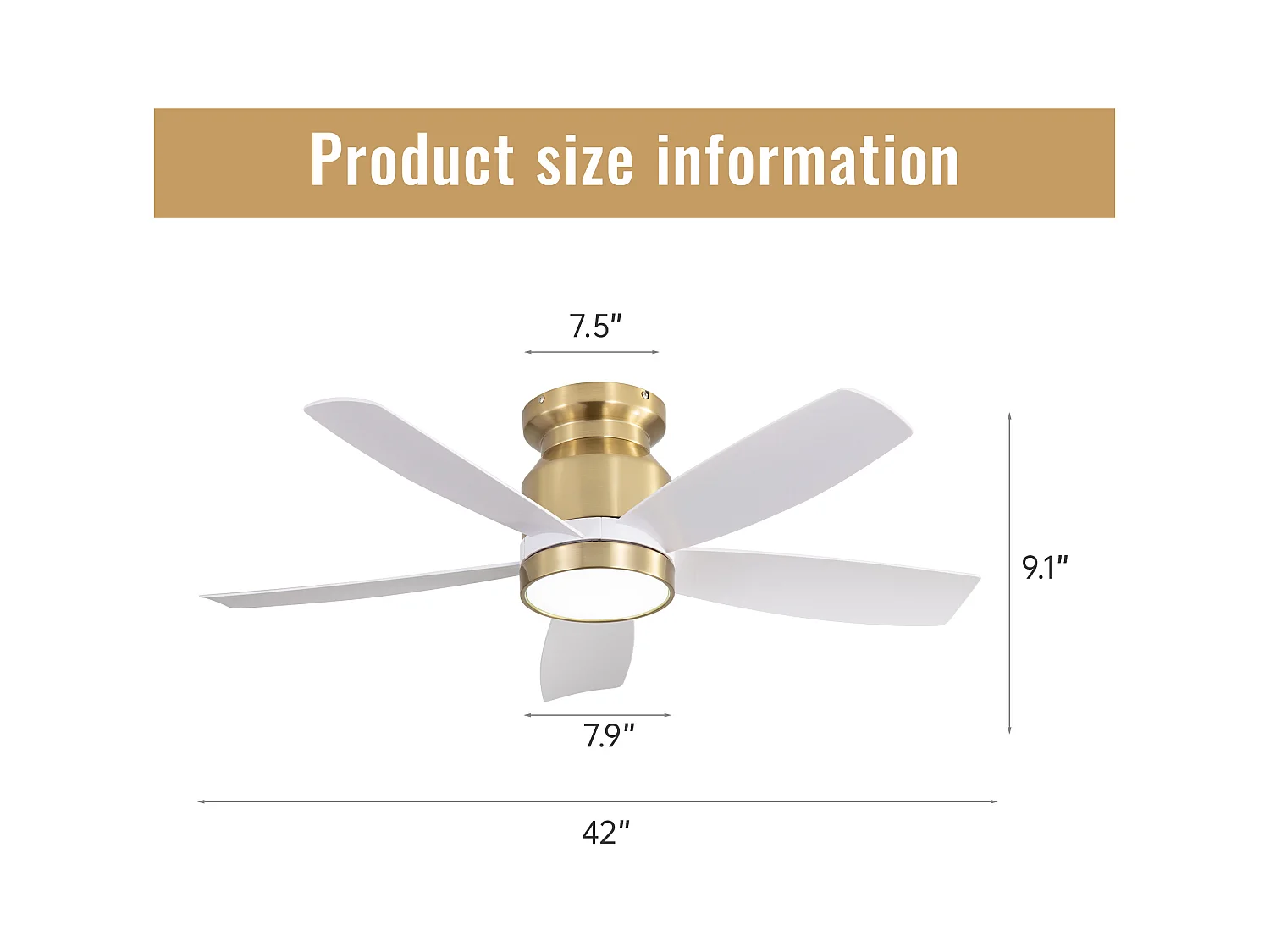 42 inch omkeerbare plafondventilator, DC-motor, 5 ABS-bladen, wit en goud, afstandsbediening, 6 snelheden, timer (106,68 x 106,68 x 23,11 cm)