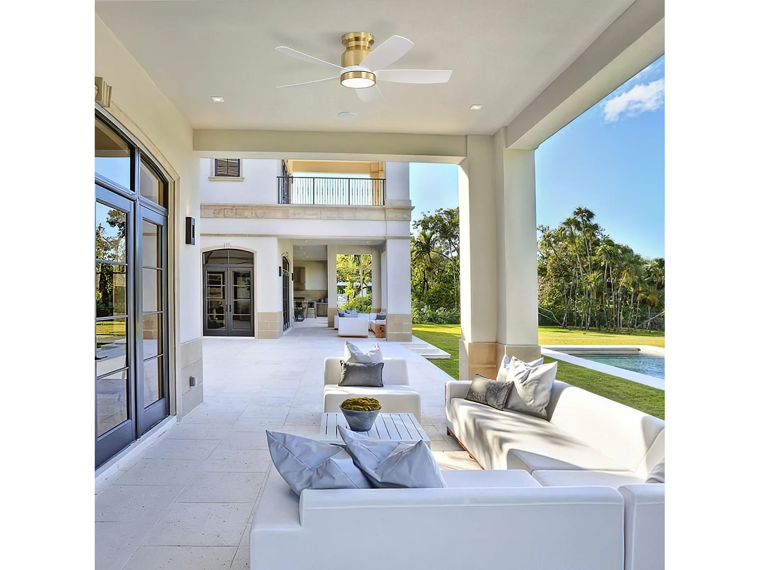 42 inch omkeerbare plafondventilator, DC-motor, 5 ABS-bladen, wit en goud, afstandsbediening, 6 snelheden, timer (106,68 x 106,68 x 23,11 cm)