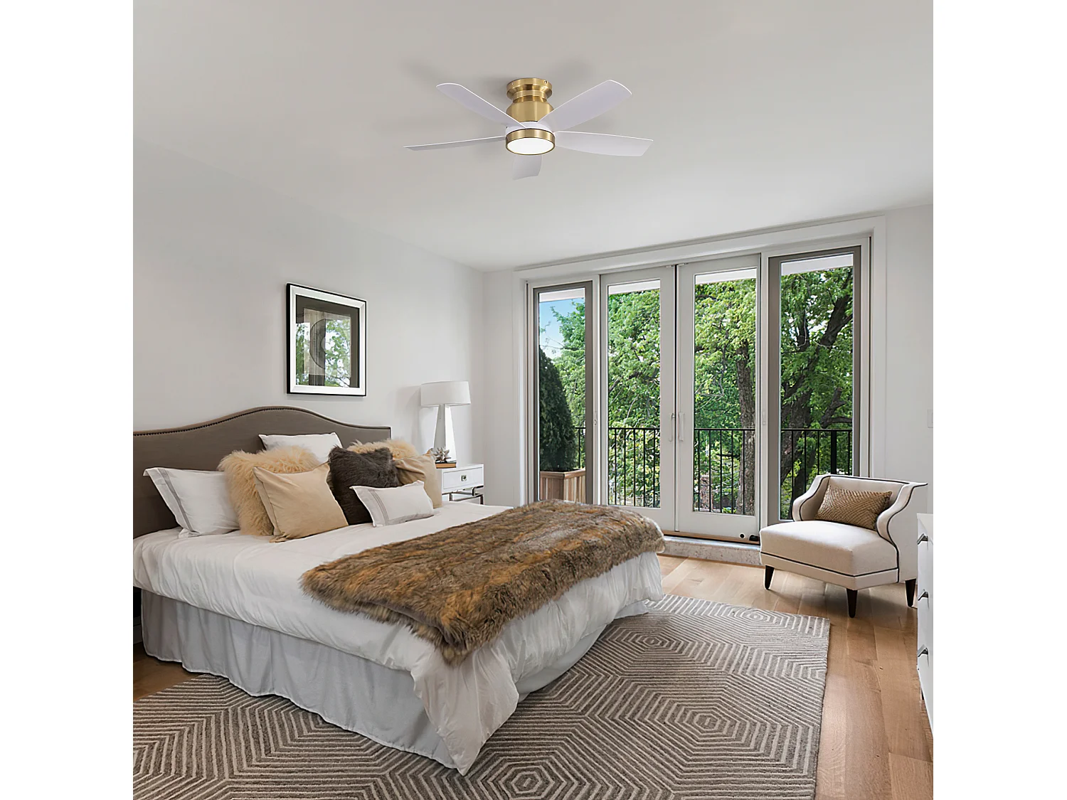 42 inch omkeerbare plafondventilator, DC-motor, 5 ABS-bladen, wit en goud, afstandsbediening, 6 snelheden, timer (106,68 x 106,68 x 23,11 cm)