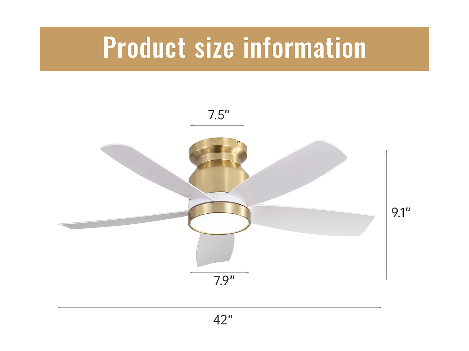 42 inch omkeerbare plafondventilator, DC-motor, 5 ABS-bladen, wit en goud, afstandsbediening, 6 snelheden, timer (106,68 x 106,68 x 23,11 cm)
