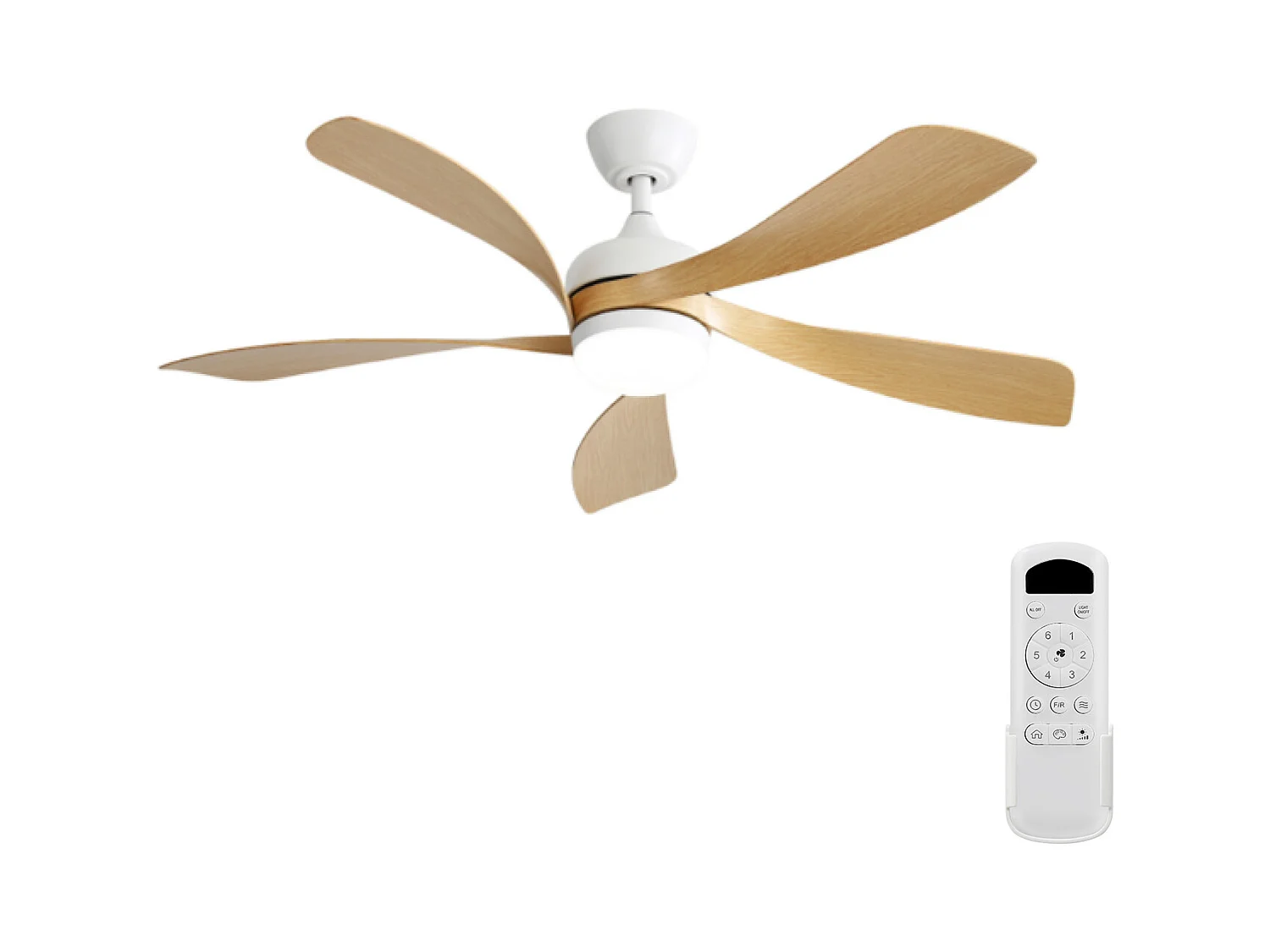 Ventilateur de plafond 52 pouces avec LED 3 couleurs dimmable, moteur DC réversible et télécommande, design moderne, ABS, blanc (132x132x35.56cm)