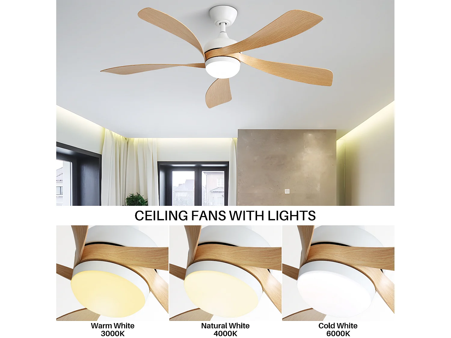 Ventilateur de plafond 52 pouces avec LED 3 couleurs dimmable, moteur DC réversible et télécommande, design moderne, ABS, blanc (132x132x35.56cm)