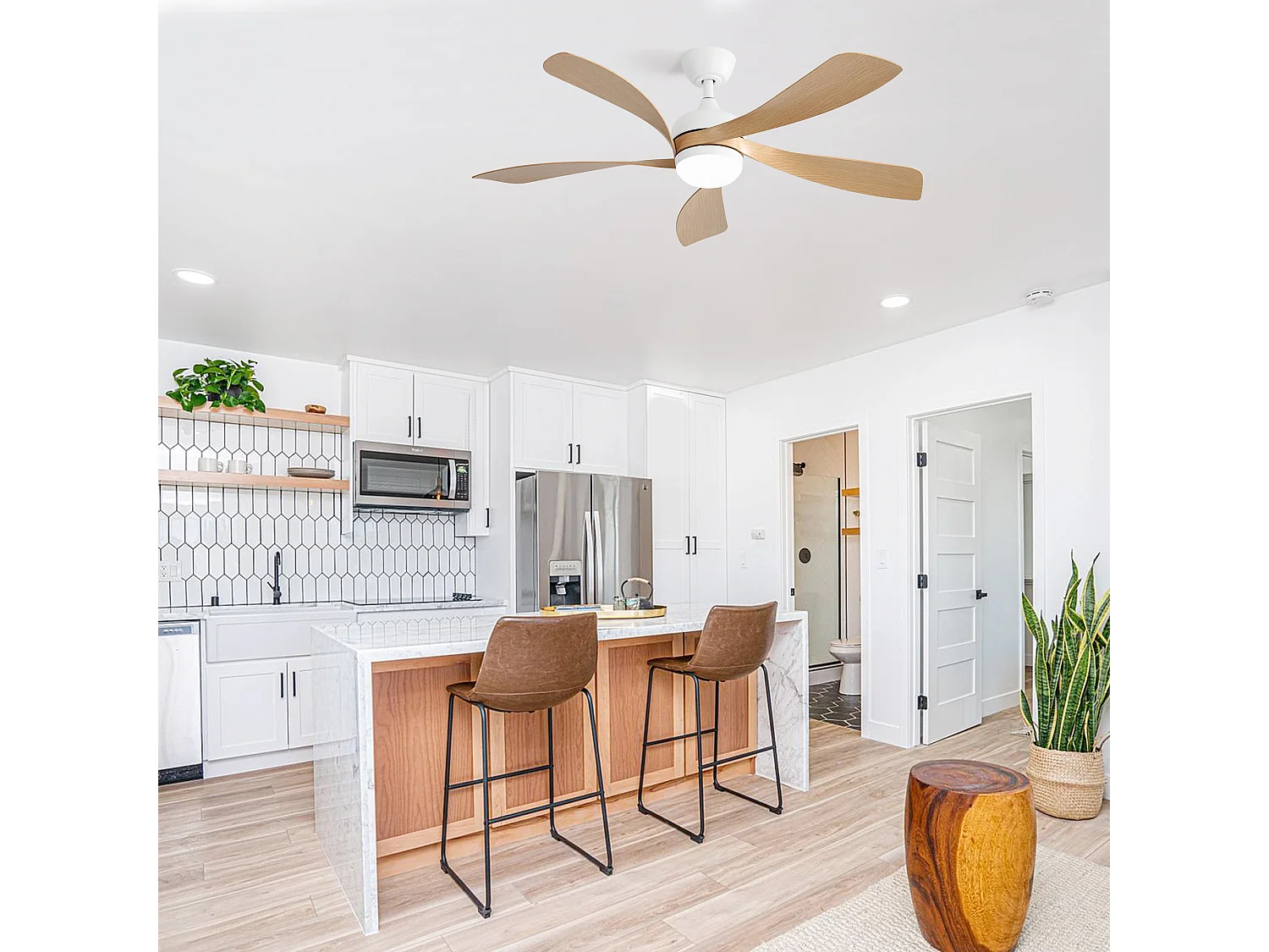 Ventilateur de plafond 52 pouces avec LED 3 couleurs dimmable, moteur DC réversible et télécommande, design moderne, ABS, blanc (132x132x35.56cm)