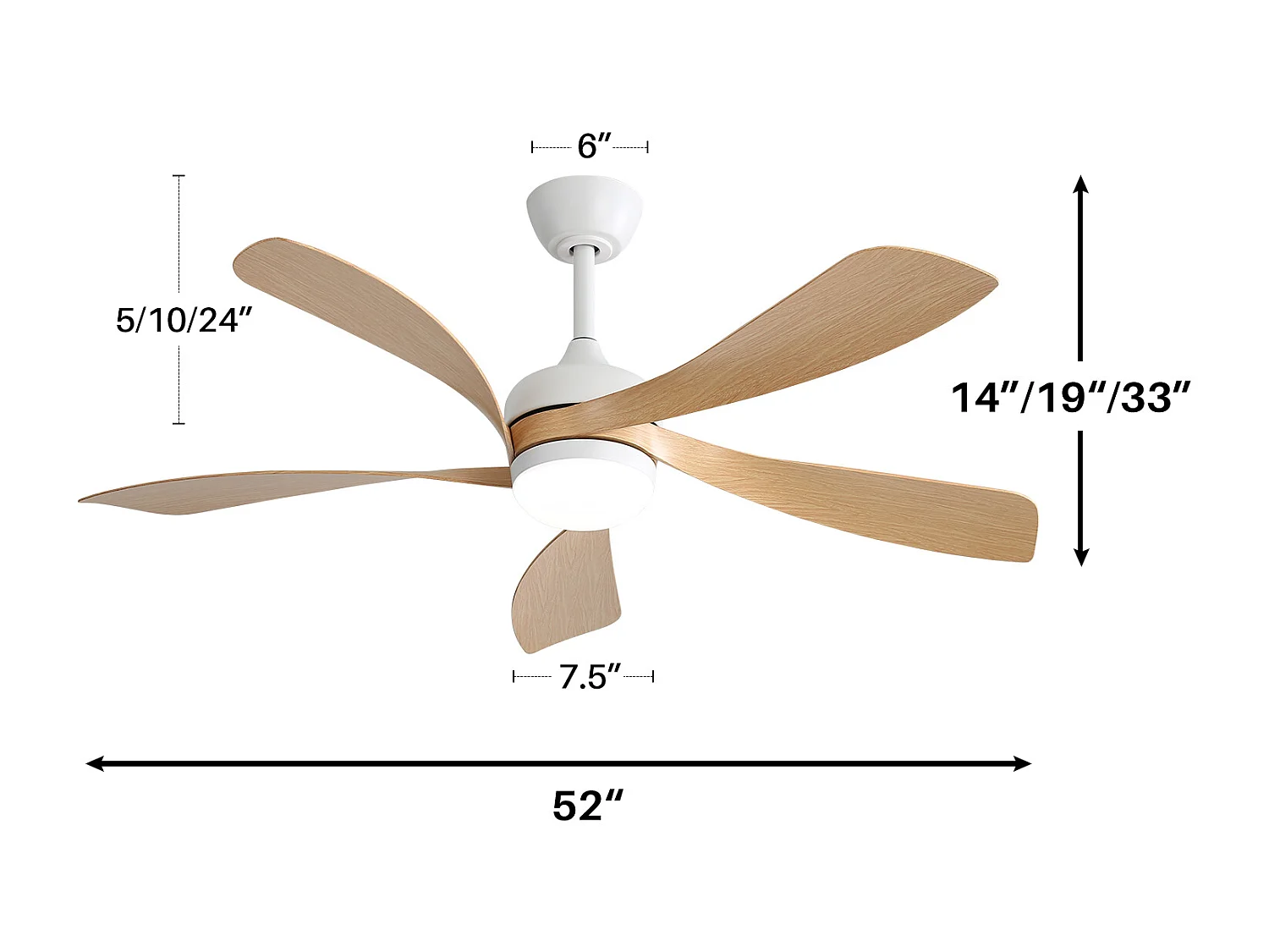 Ventilateur de plafond 52 pouces avec LED 3 couleurs dimmable, moteur DC réversible et télécommande, design moderne, ABS, blanc (132x132x35.56cm)