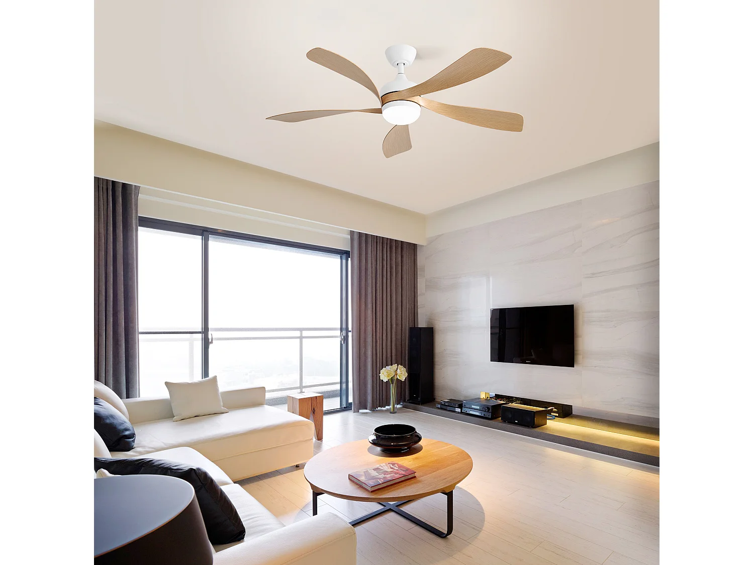 Ventilador de techo de 52 pulgadas con 3 colores LED regulables, motor CC reversible y control remoto, diseño moderno, ABS, blanco (132 x 132 x 35,56 cm)