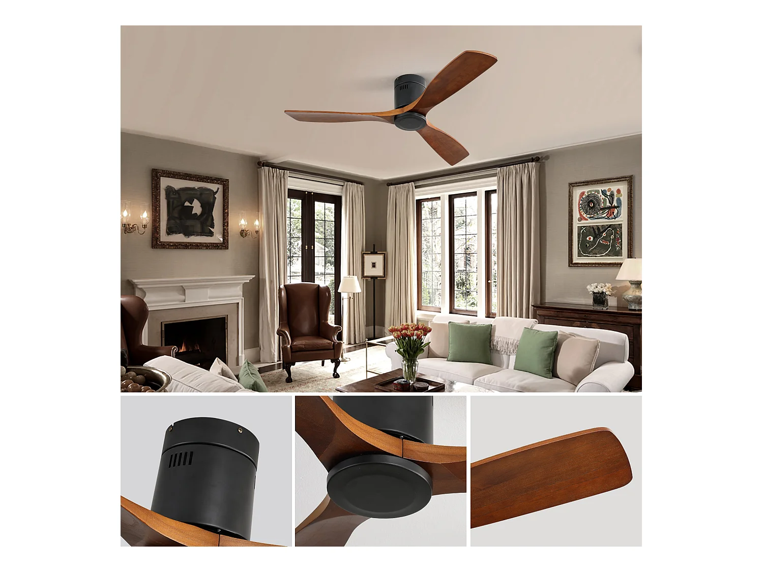 Ventilatore da soffitto silenzioso da 52 pollici, motore CC reversibile, pale in legno intagliato, telecomando, senza luce, nero (132x132x24,5 cm)