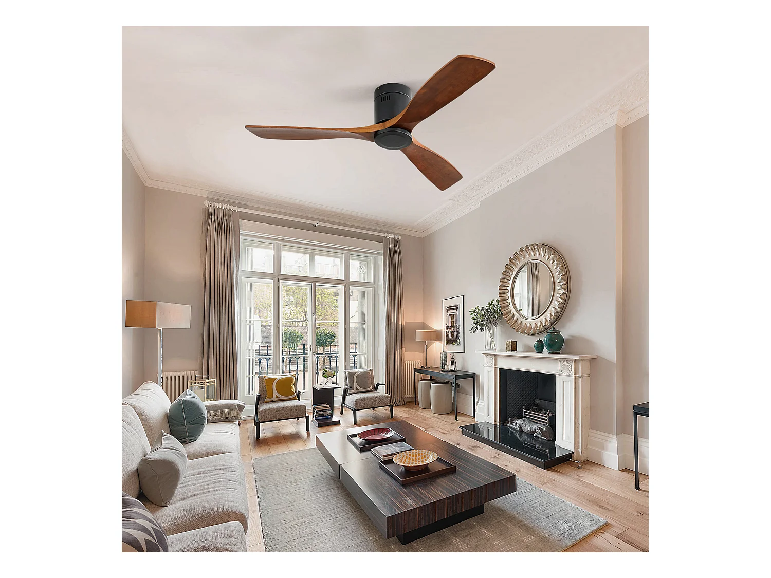 Ventilatore da soffitto silenzioso da 52 pollici, motore CC reversibile, pale in legno intagliato, telecomando, senza luce, nero (132x132x24,5 cm)