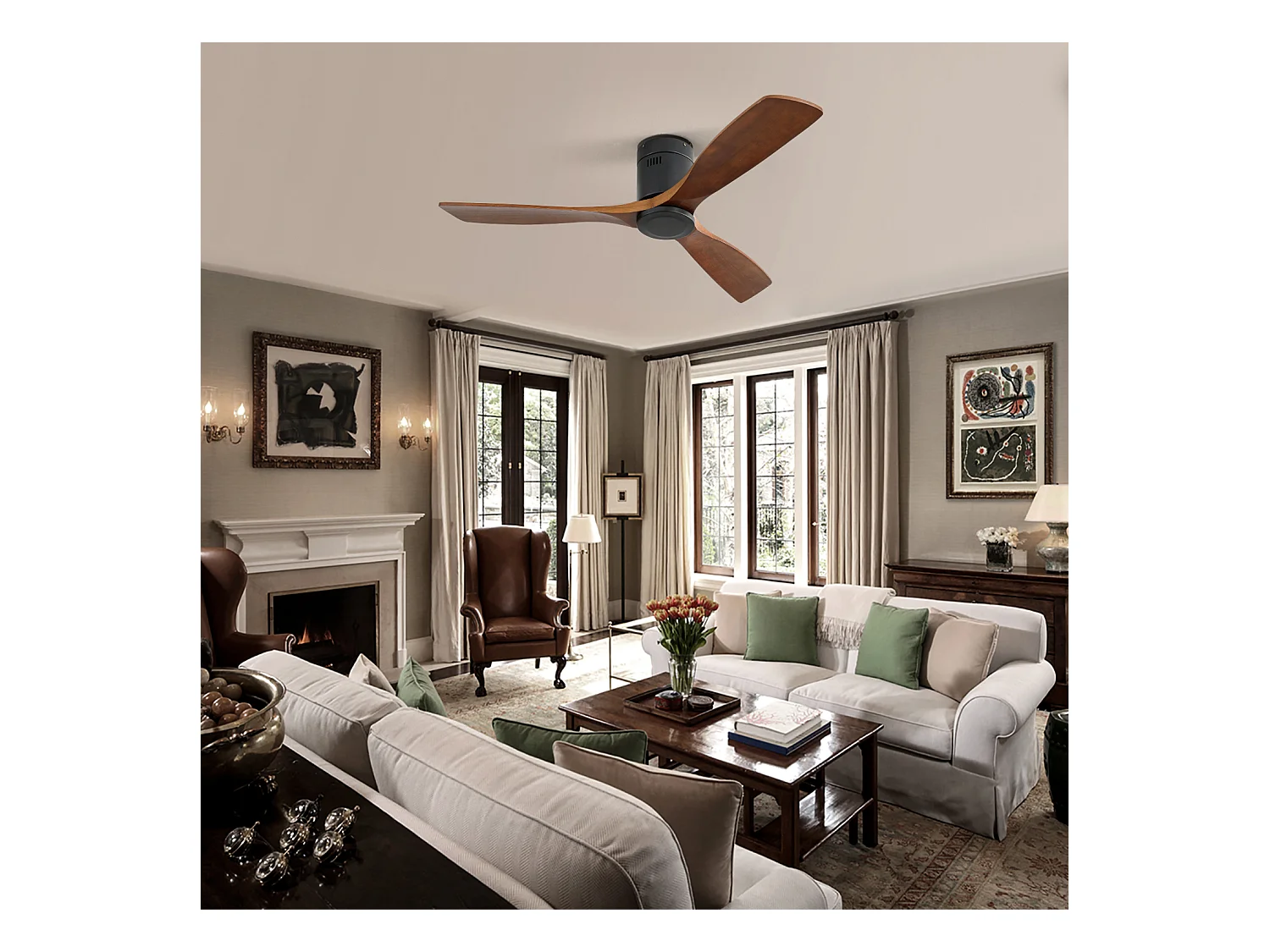 Ventilatore da soffitto silenzioso da 52 pollici, motore CC reversibile, pale in legno intagliato, telecomando, senza luce, nero (132x132x24,5 cm)