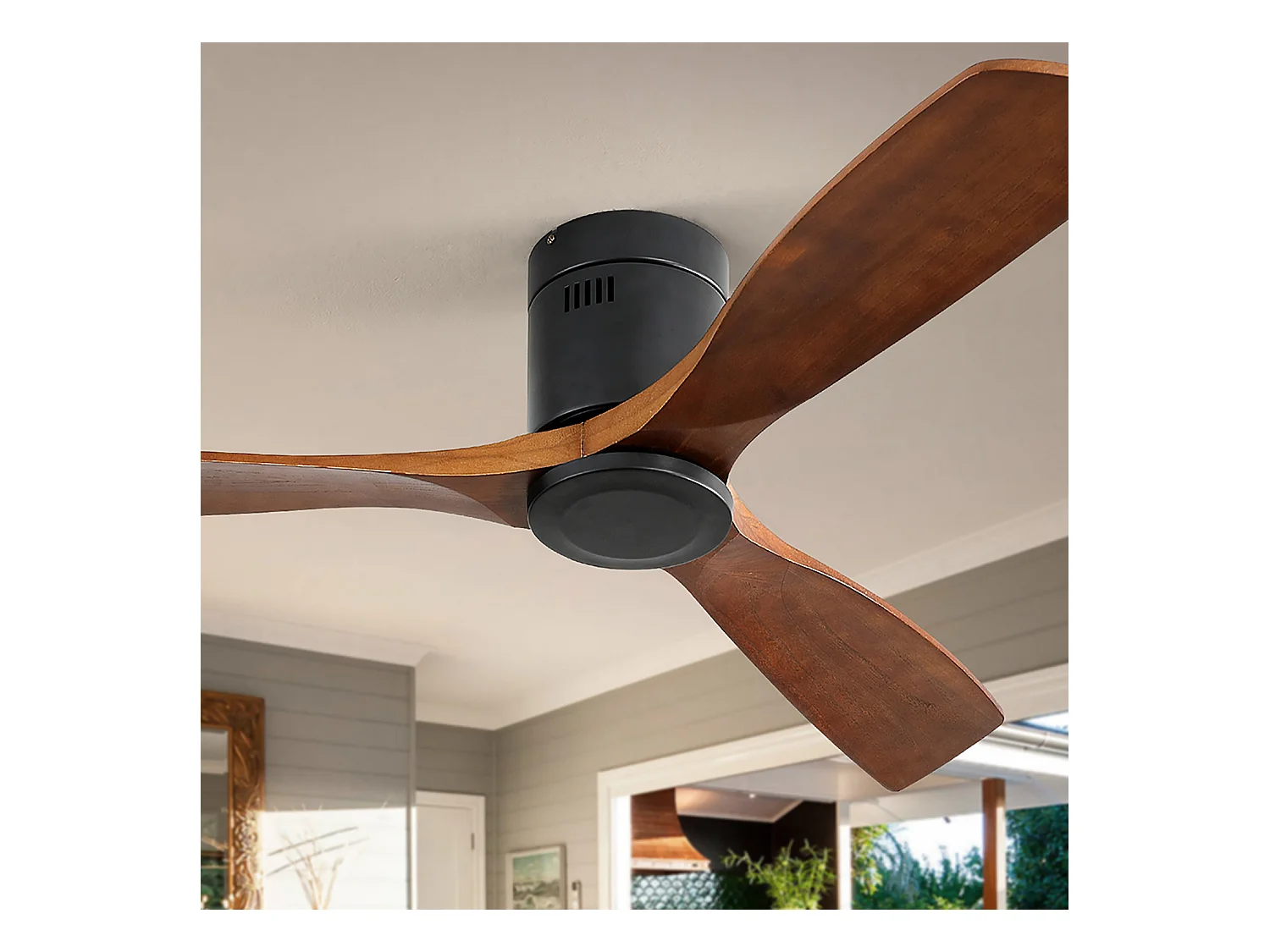 Ventilatore da soffitto silenzioso da 52 pollici, motore CC reversibile, pale in legno intagliato, telecomando, senza luce, nero (132x132x24,5 cm)