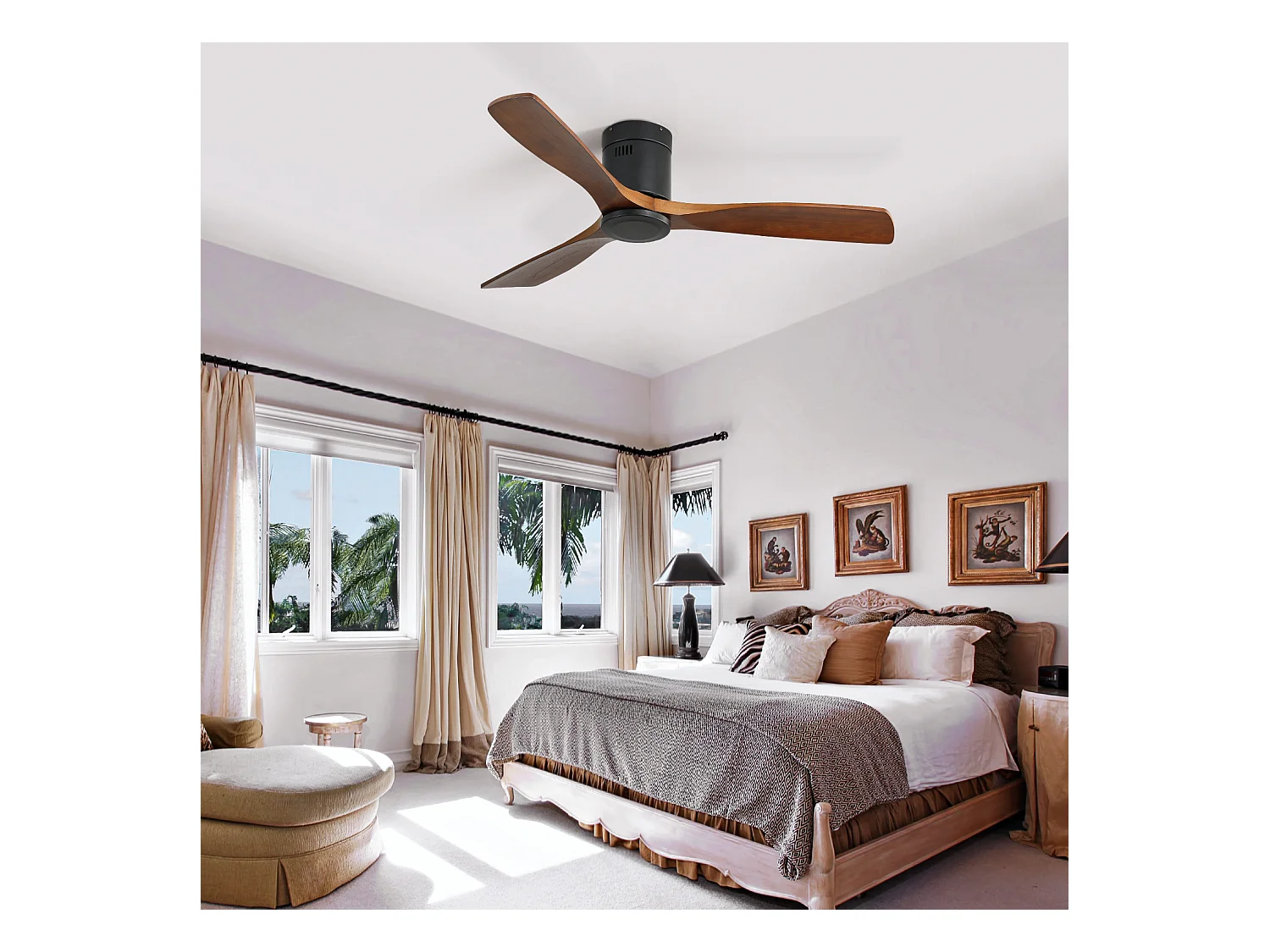 Ventilatore da soffitto silenzioso da 52 pollici, motore CC reversibile, pale in legno intagliato, telecomando, senza luce, nero (132x132x24,5 cm)