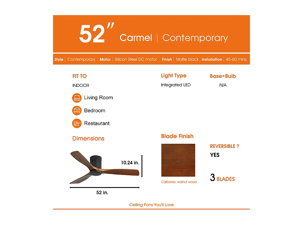 Ventilatore da soffitto silenzioso da 52 pollici, motore CC reversibile, pale in legno intagliato, telecomando, senza luce, nero (132x132x24,5 cm)