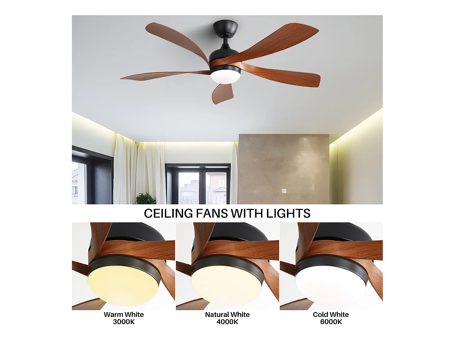 52" moderne plafondventilator met 3-kleurig dimbaar LED-licht, 5 ABS-bladen, afstandsbediening en omkeerbare DC-motor, zwart (131x131x35cm)