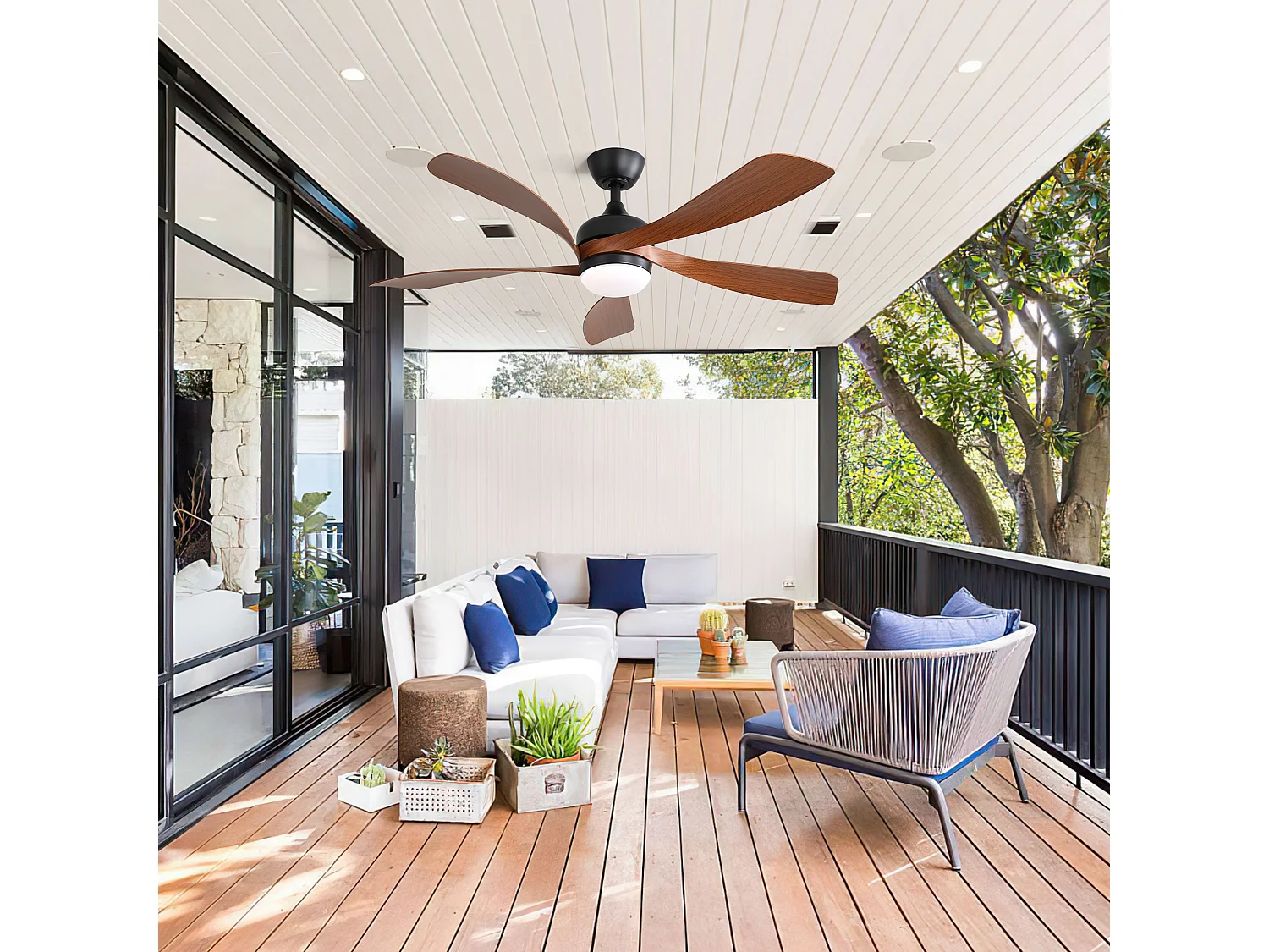 52" moderne plafondventilator met 3-kleurig dimbaar LED-licht, 5 ABS-bladen, afstandsbediening en omkeerbare DC-motor, zwart (131x131x35cm)