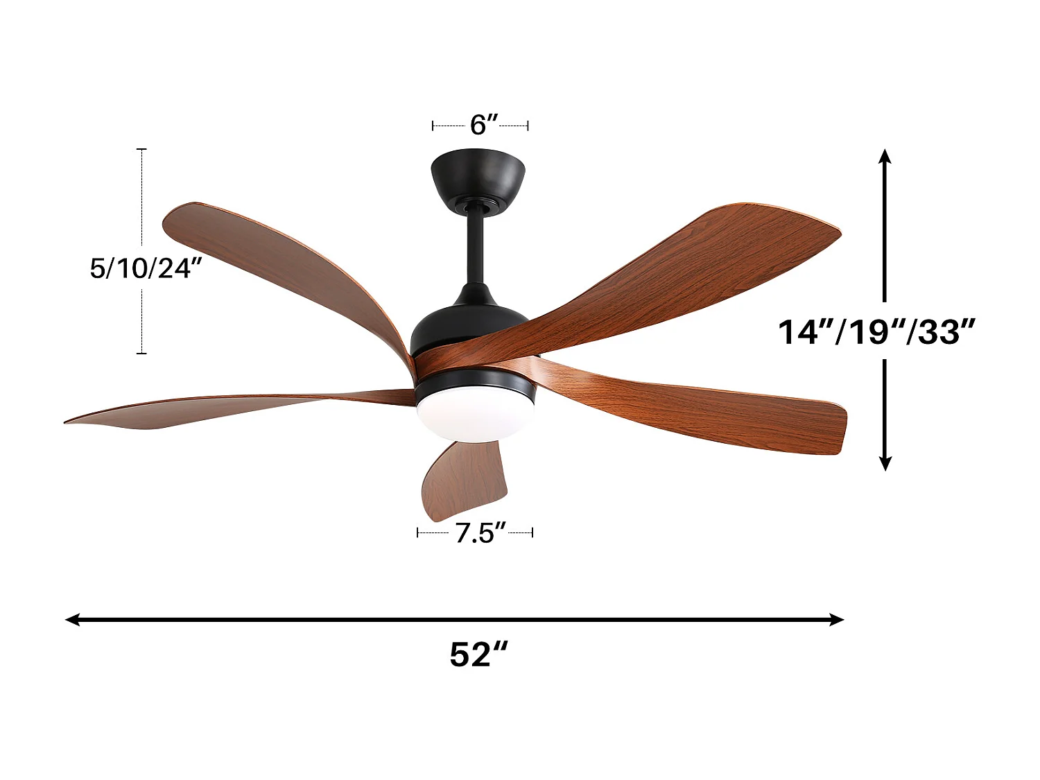 52" moderne plafondventilator met 3-kleurig dimbaar LED-licht, 5 ABS-bladen, afstandsbediening en omkeerbare DC-motor, zwart (131x131x35cm)